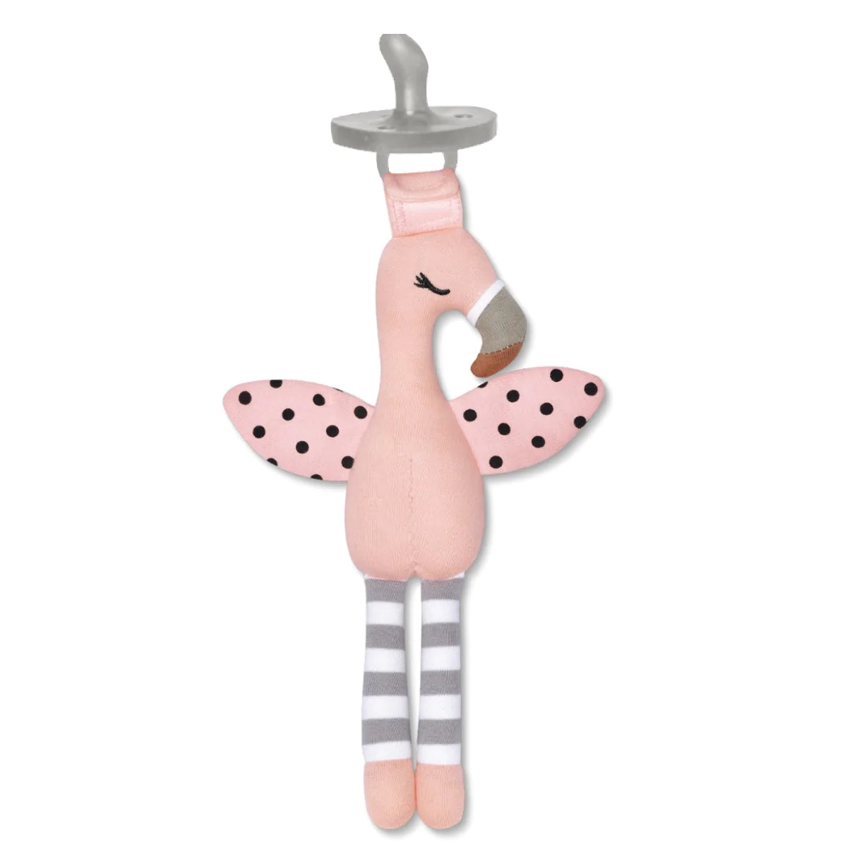 A swan toy with a pacifier on top of it
