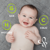 A smiling baby with some white and green texts