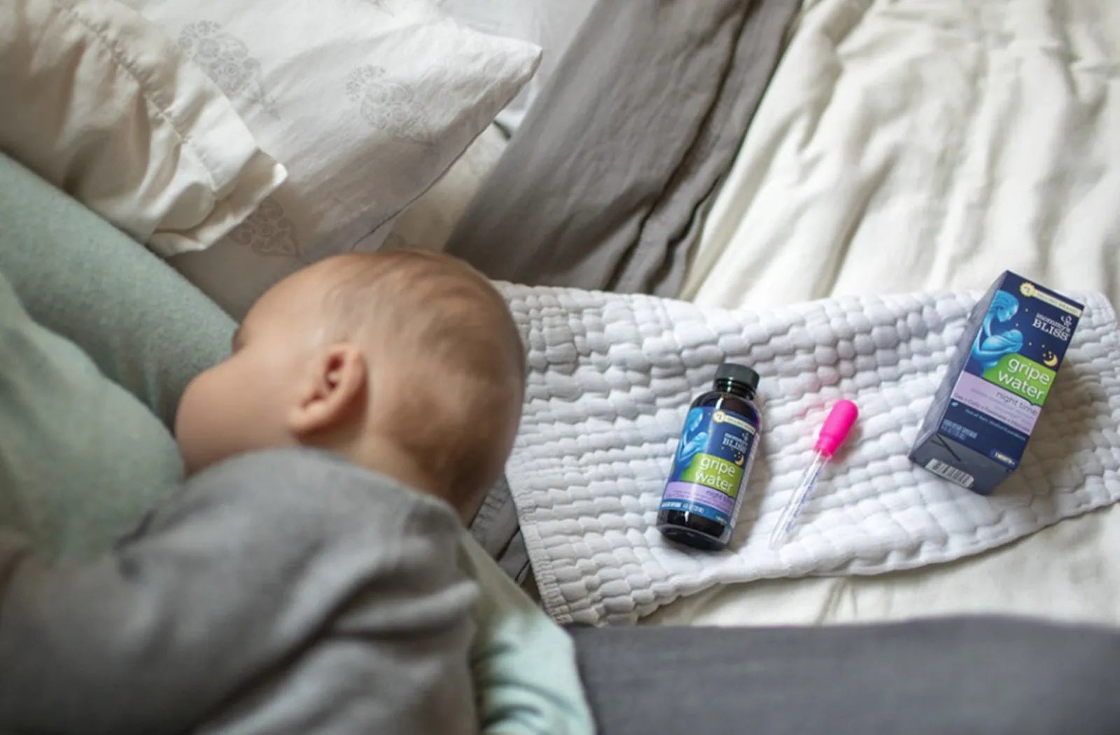 A baby sleeping with some MB products used
