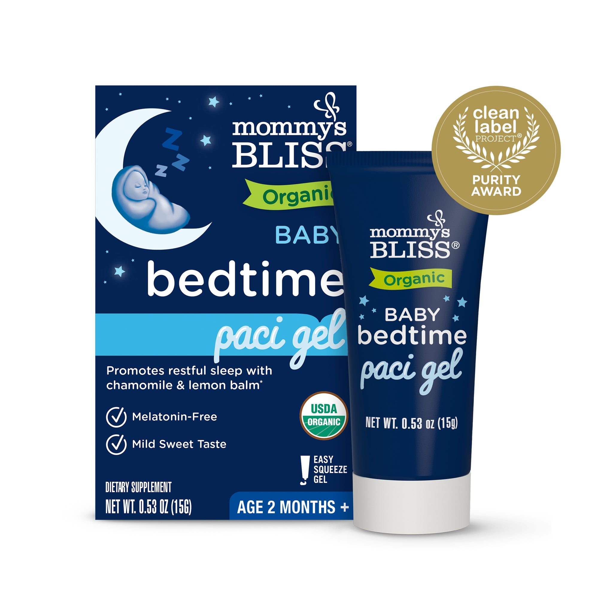 Mommy's Bliss Organic Baby Bedtime Paci Gel carton beside its 0.53 oz squeeze tube with Purity Award seal