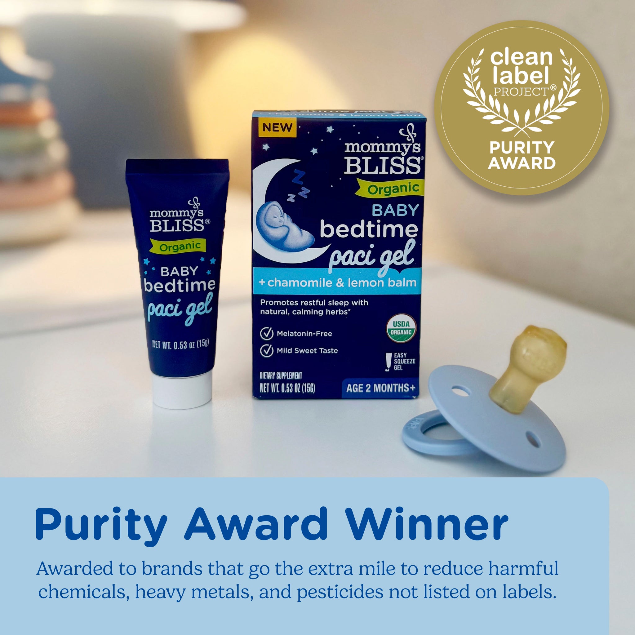 Mommy's Bliss Organic Baby Bedtime Paci Gel shown with the Clean Label Project Purity Award seal