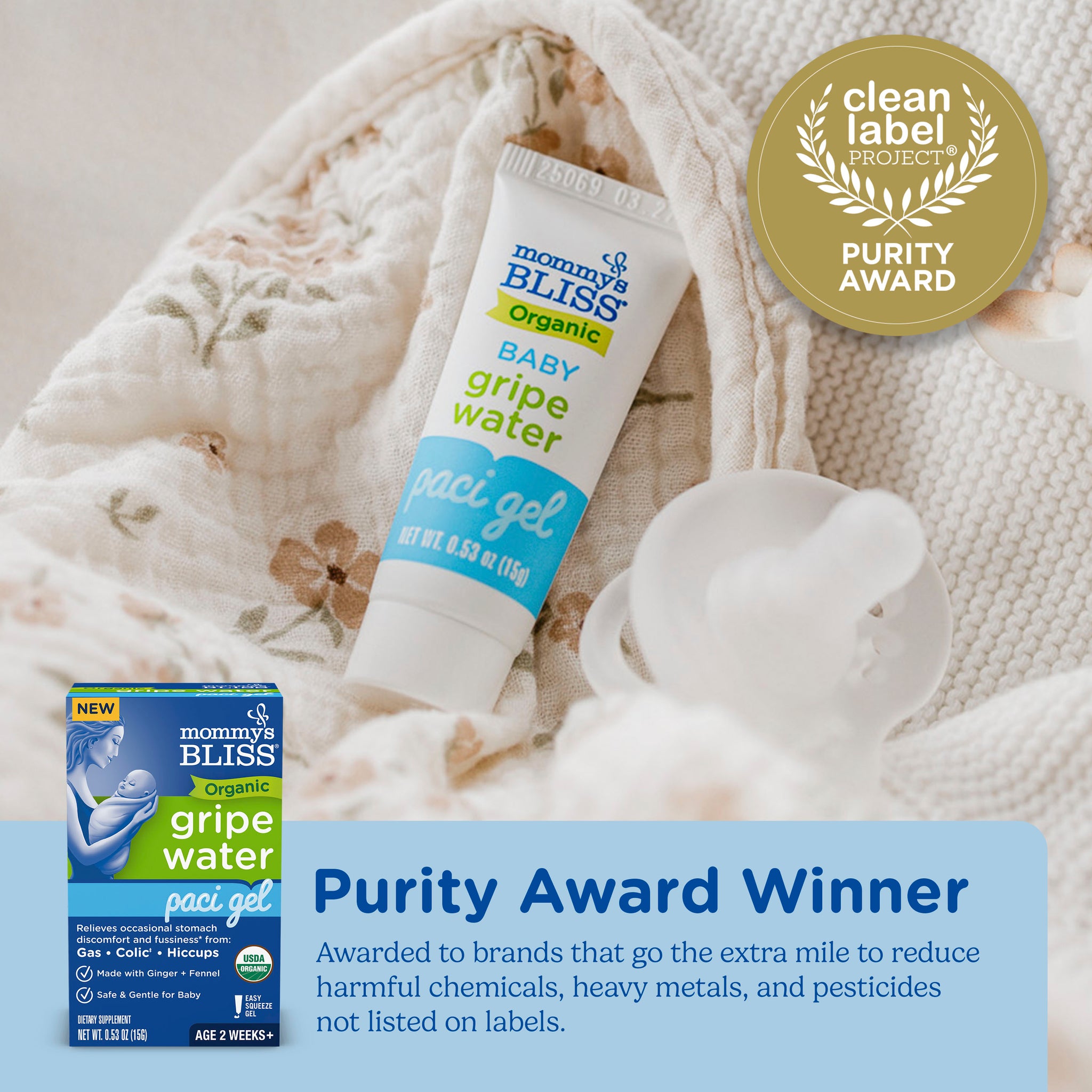 Mommy's Bliss Organic Gripe Water Paci Gel shown with the Clean Label Project Purity Award seal