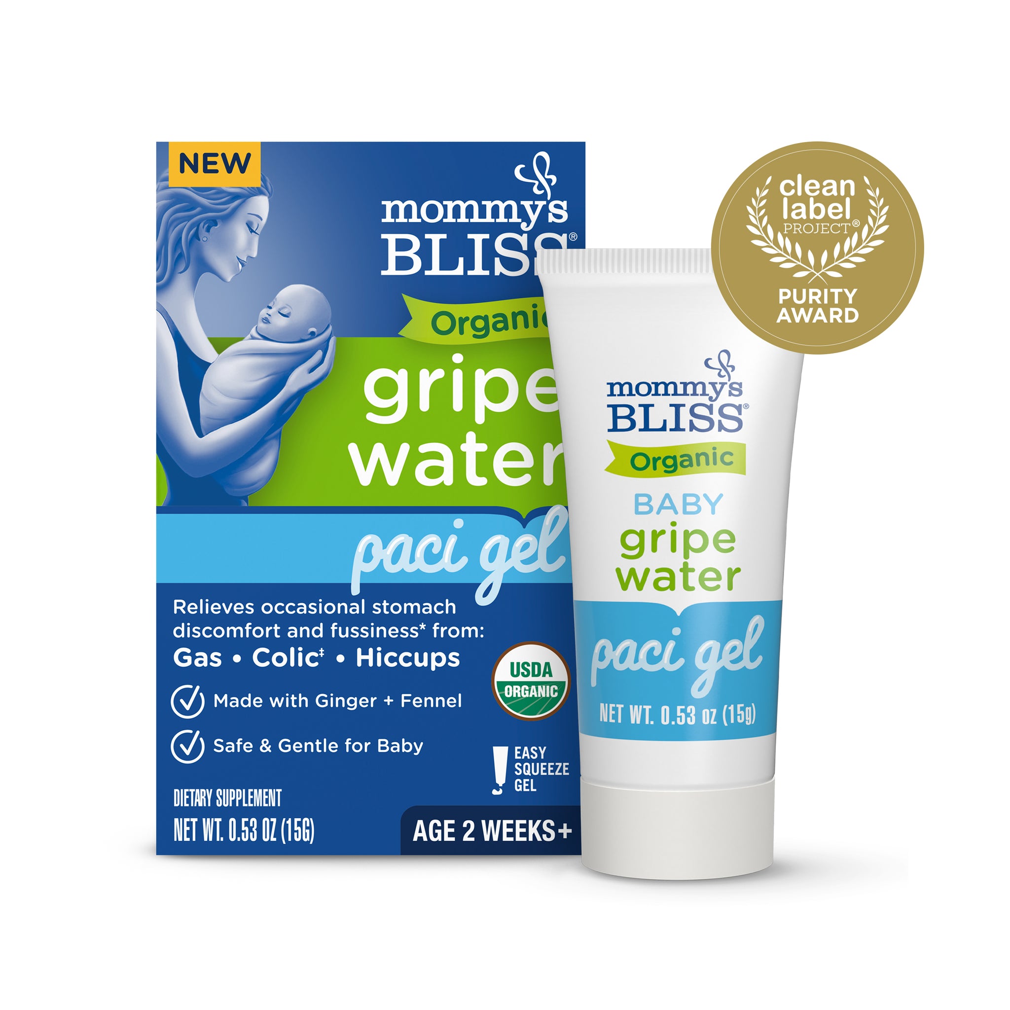 Mommy's Bliss Organic Gripe Water Paci Gel carton beside its 0.53 oz squeeze tube with Purity Award seal