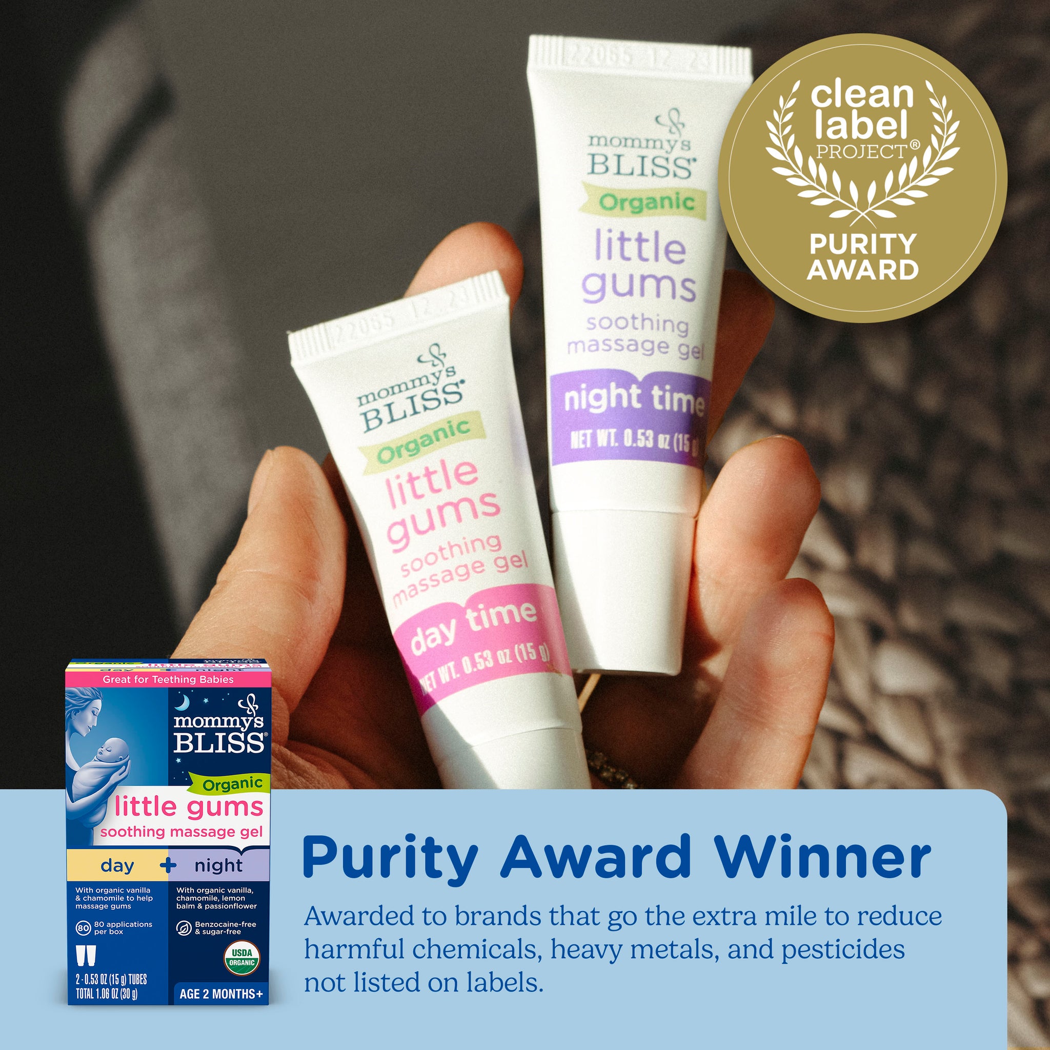 Mommy's Bliss Organic Little Gums Soothing Massage Gel shown with the Clean Label Project Purity Award seal