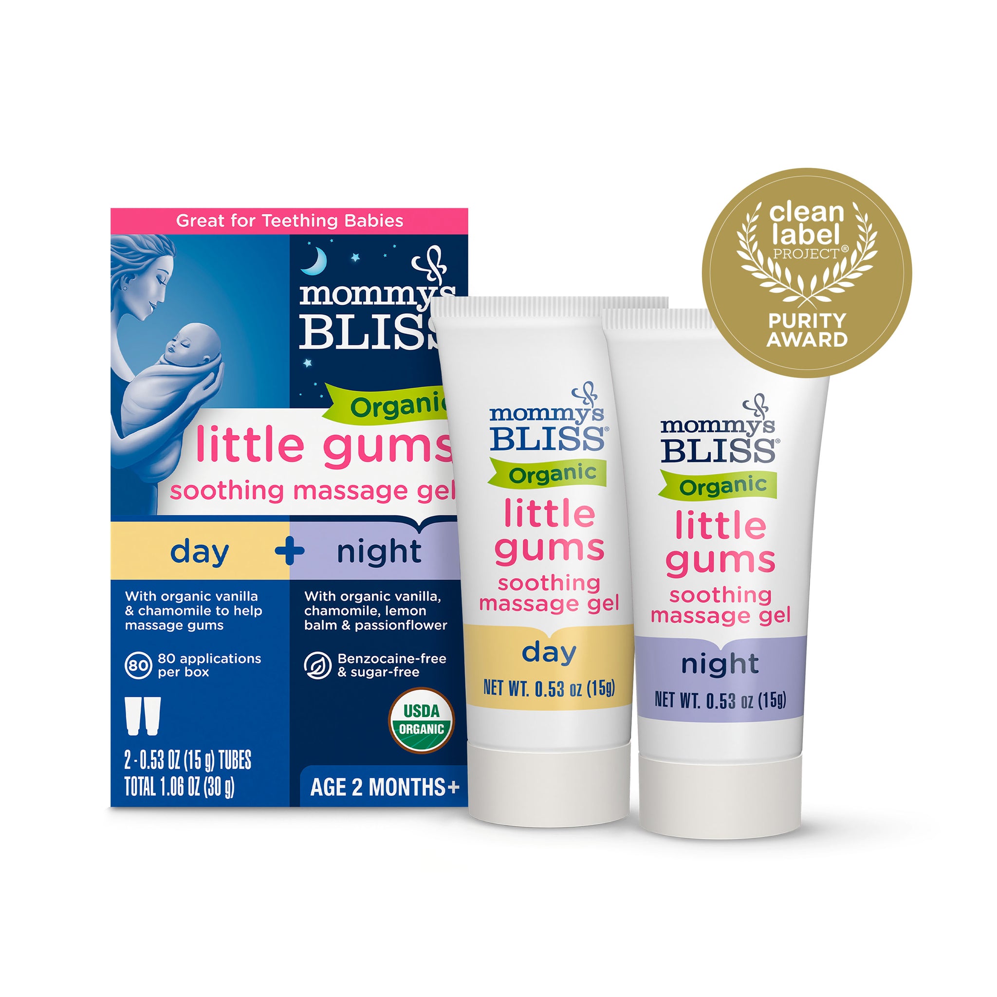 Mommy's Bliss Organic Little Gums Soothing Massage Gel carton with day and night tubes and Purity Award seal