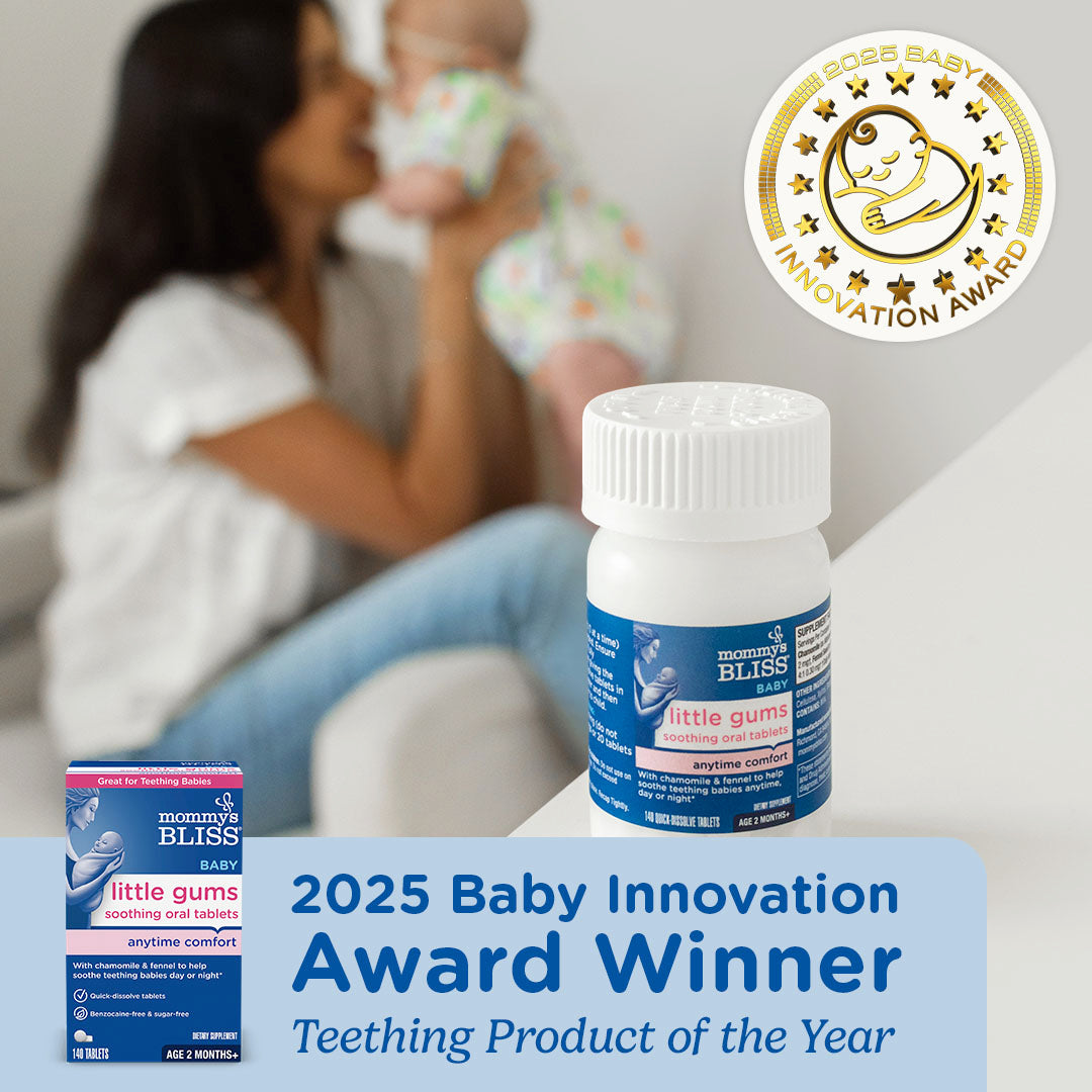 Mommy's Bliss Little Gums Soothing Oral Tablets shown with a Baby Innovation Award badge
