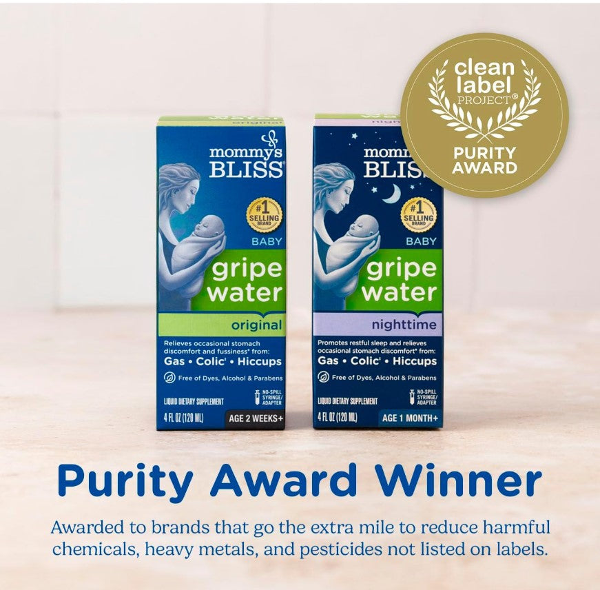Mommy's Bliss Gripe Water Original and Nighttime shown with the Clean Label Project Purity Award seal