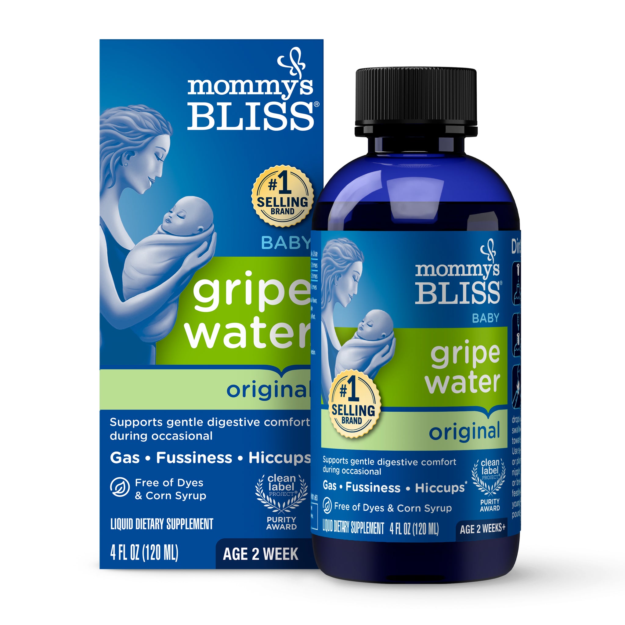 Mommy's Bliss Gripe Water Original carton beside its 4 fl oz dark blue bottle with black cap