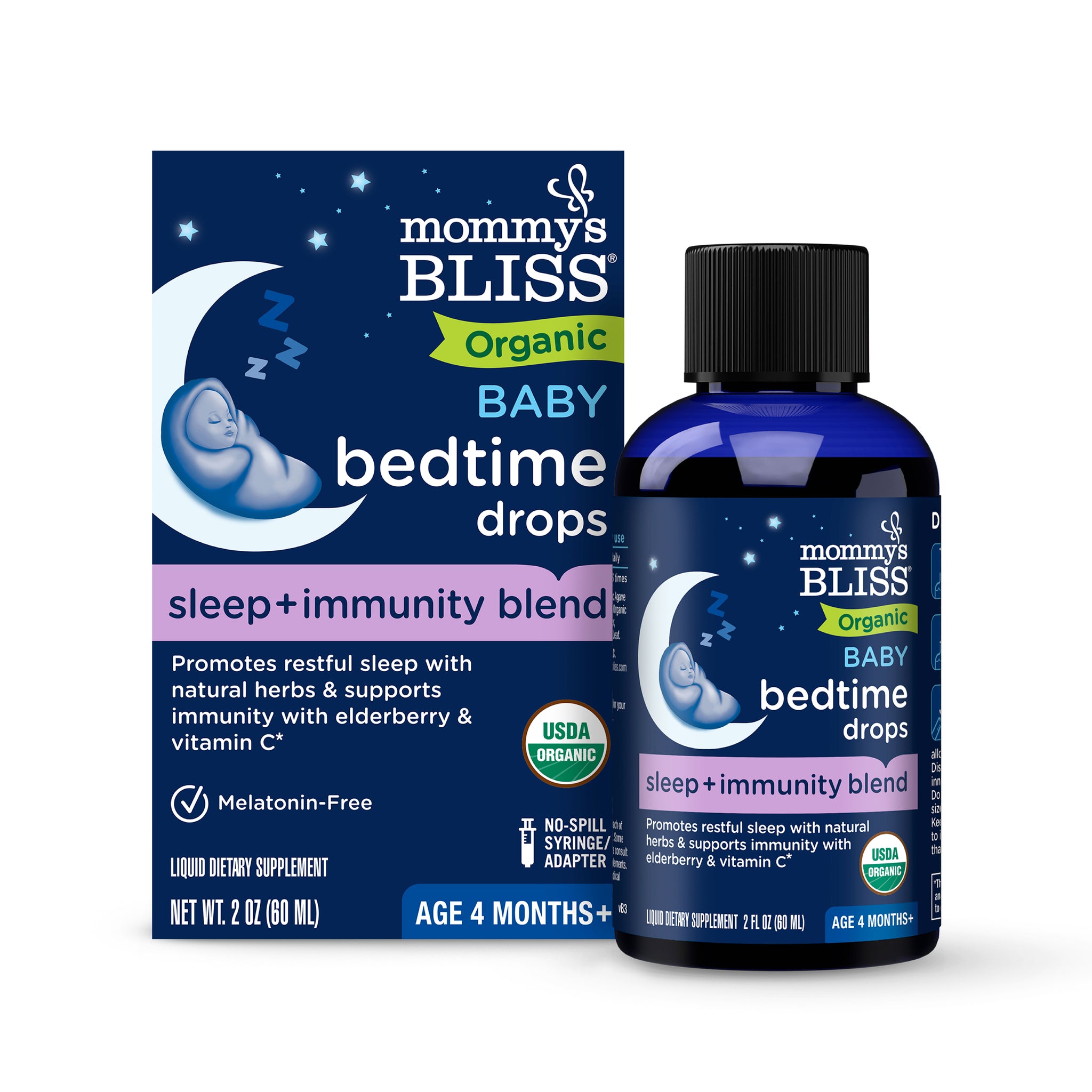 Mommy's Bliss Organic Baby Bedtime Drops sleep and immunity blend, carton beside its 2 fl oz bottle