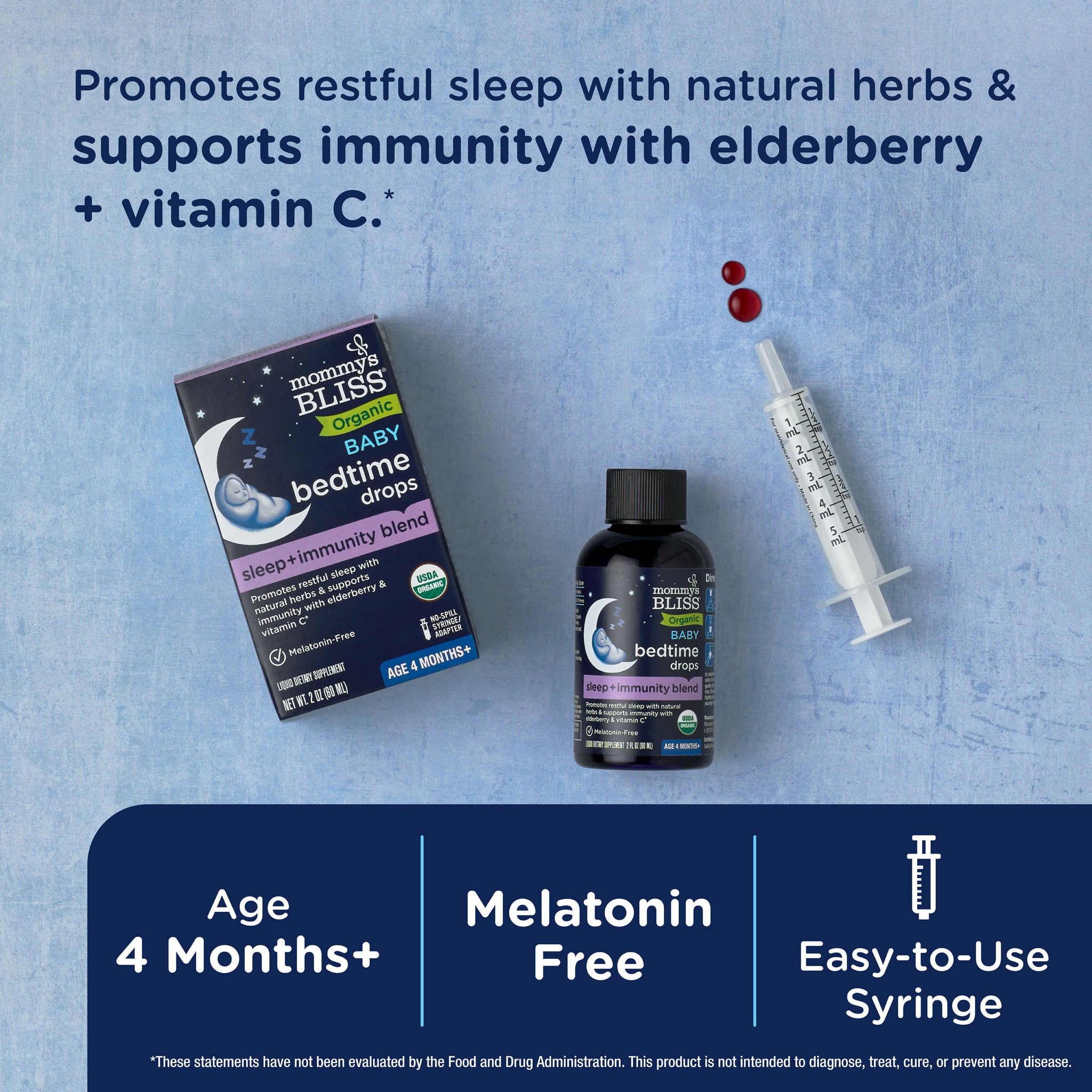 Mommy's Bliss Organic Baby Bedtime Drops packaging shown with its main benefit claim and age guidance