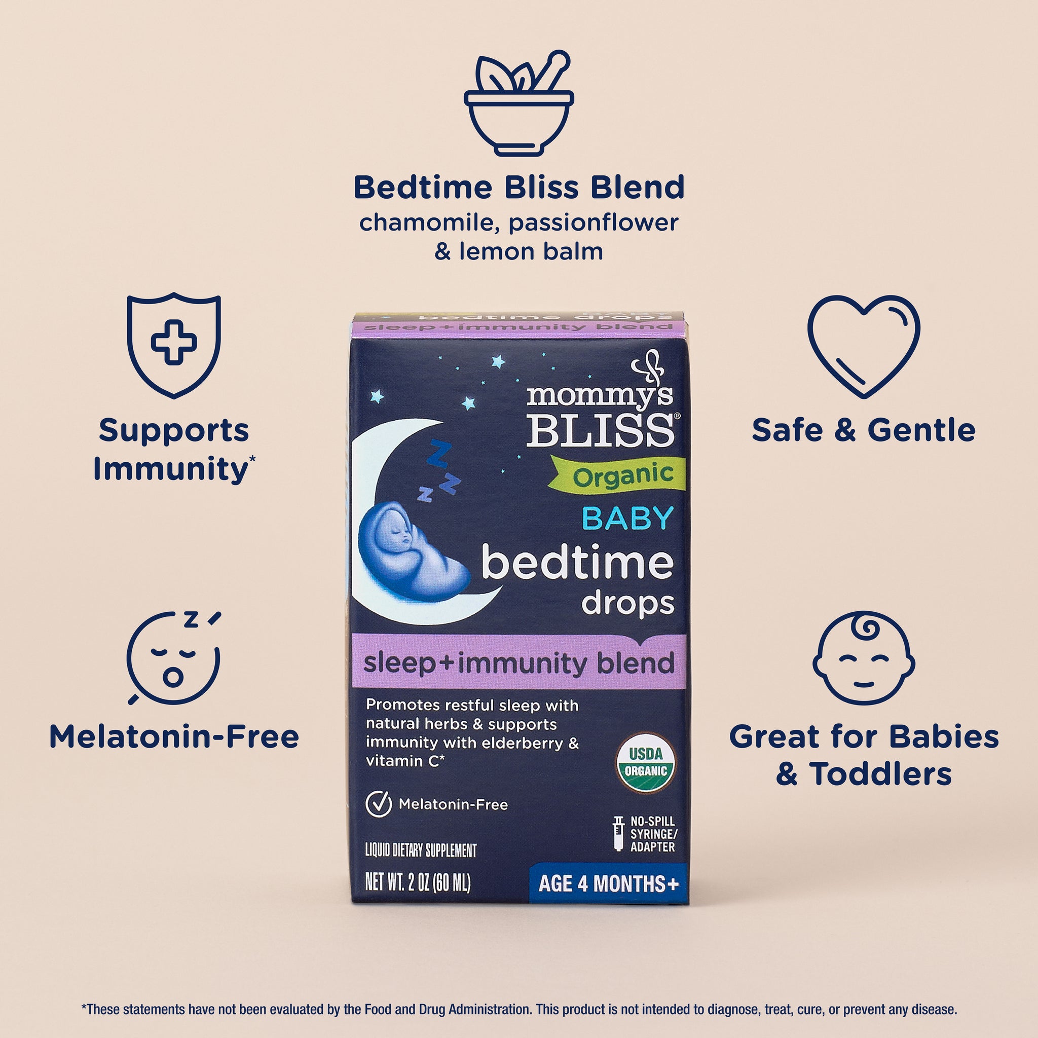 Key features of Mommy's Bliss Organic Baby Bedtime Drops, shown as icons around the carton