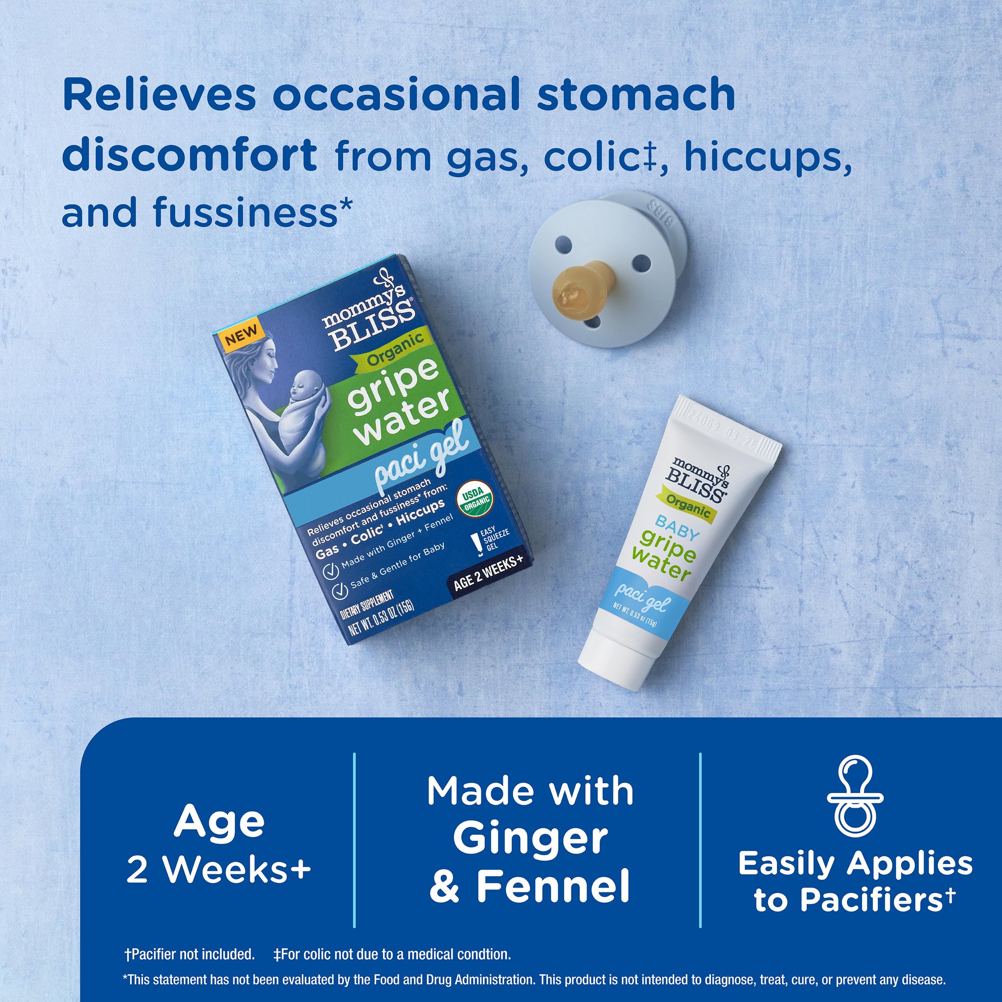 Mommy's Bliss Organic Gripe Water Paci Gel packaging shown with its main benefit claim and age guidance