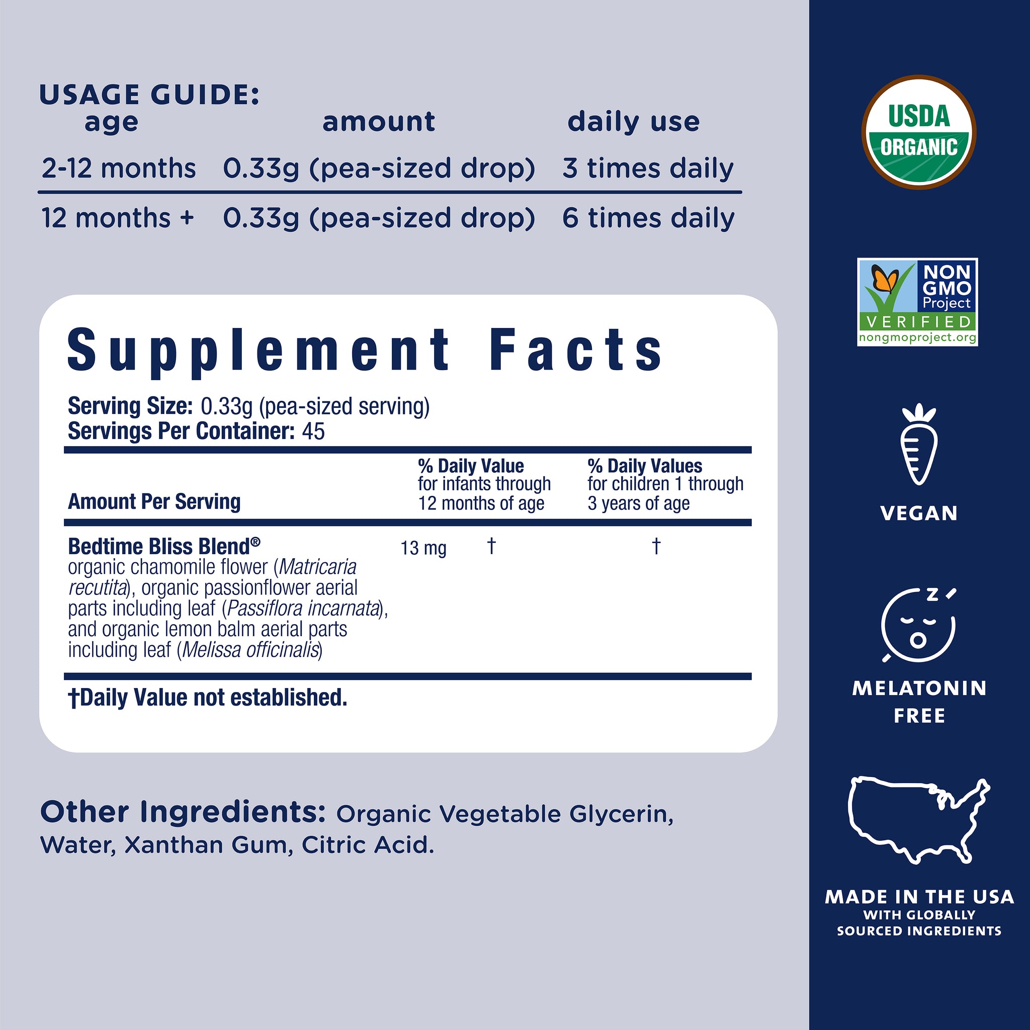 Supplement Facts for Mommy's Bliss Organic Baby Bedtime Paci Gel, which is melatonin-free. A pea-sized drop 3 times daily at 2 to 12 months, or 6 times daily from 12 months