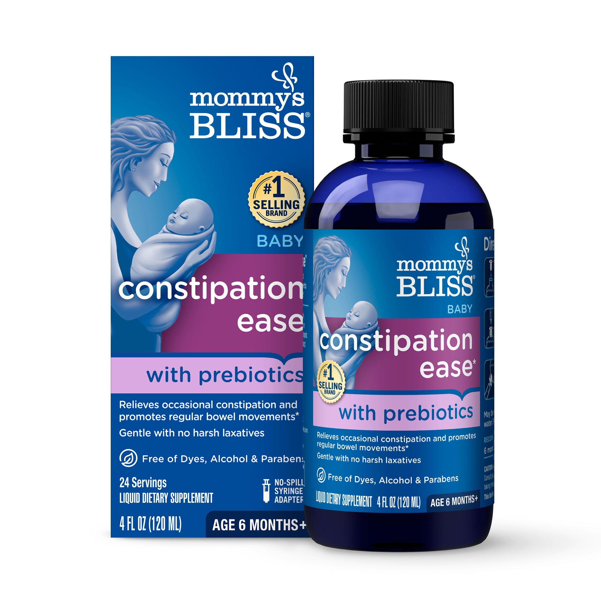 Mommy's Bliss Baby Constipation Ease with prebiotics carton beside its 4 fl oz dark blue bottle