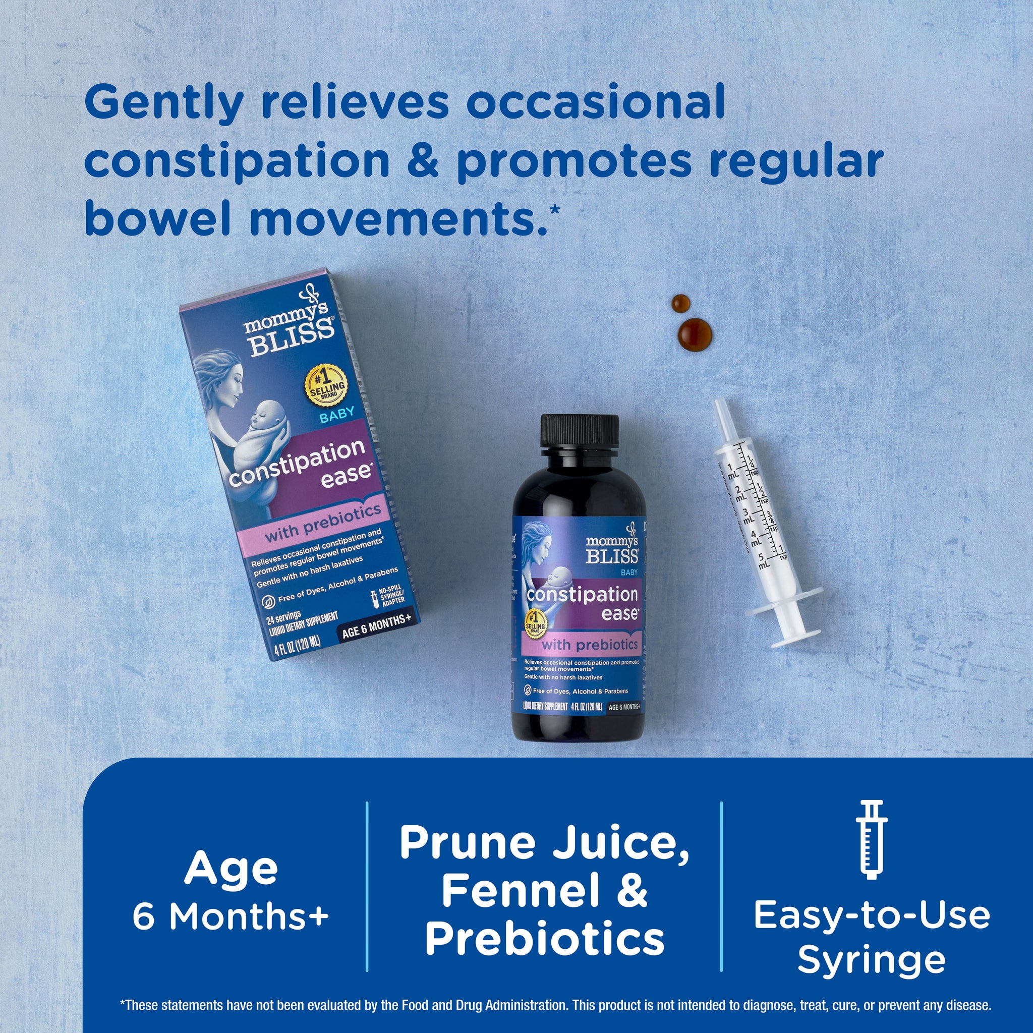 Mommy's Bliss Baby Constipation Ease with Prebiotics packaging shown with its main benefit claim and age guidance