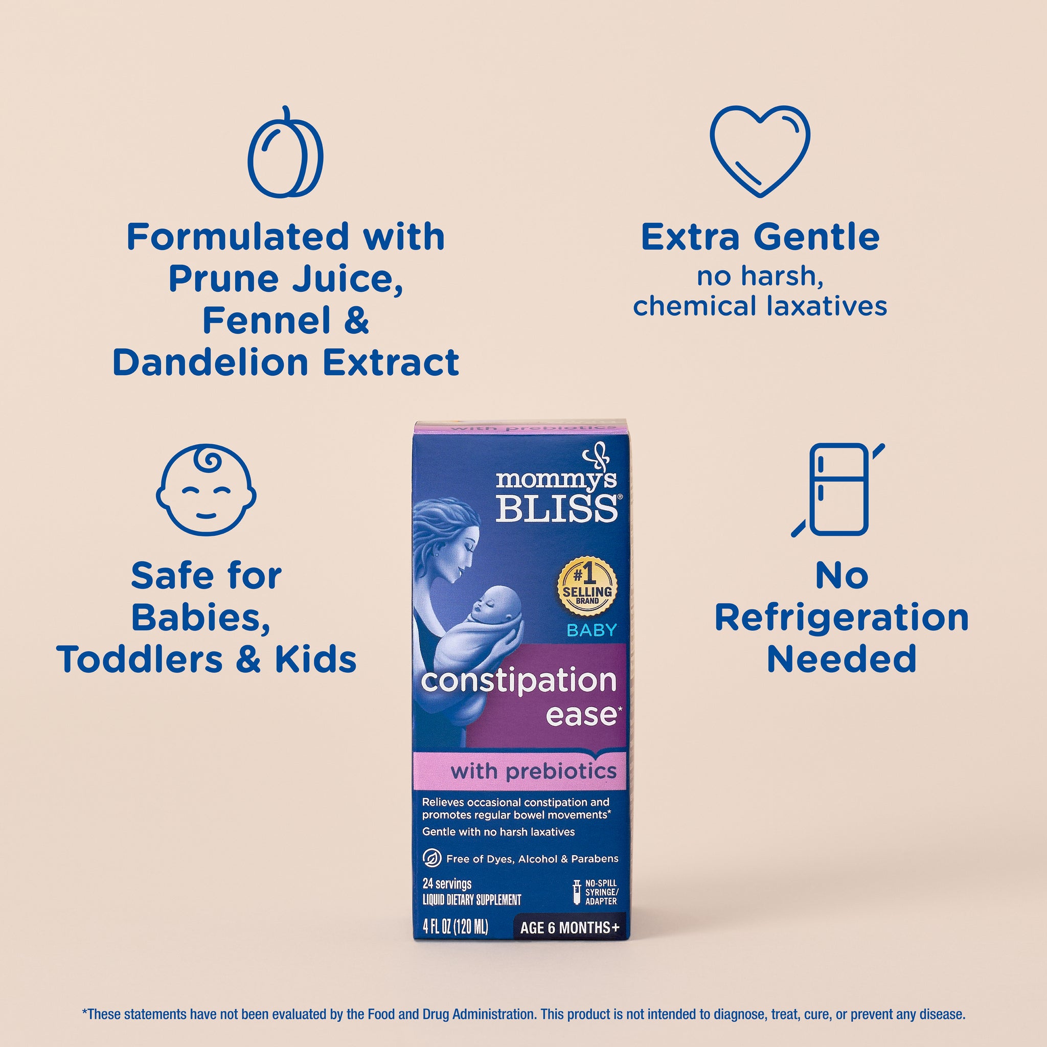 Key features of Mommy's Bliss Baby Constipation Ease with Prebiotics, shown as icons around the carton