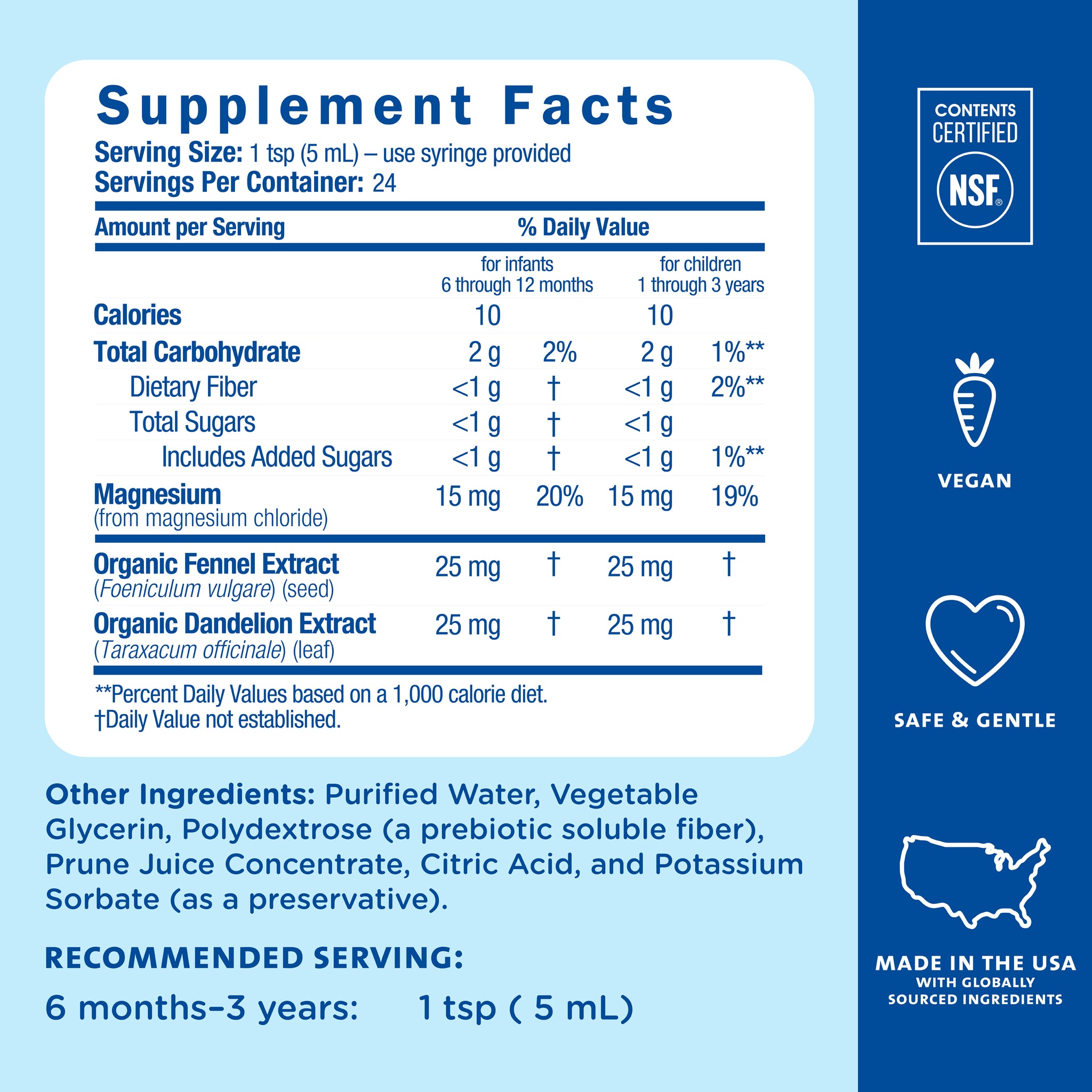 Supplement Facts for Mommy's Bliss Baby Constipation Ease with Prebiotics: magnesium, organic fennel and organic dandelion extract. Recommended serving for 6 months to 3 years is 1 teaspoon (5 mL)