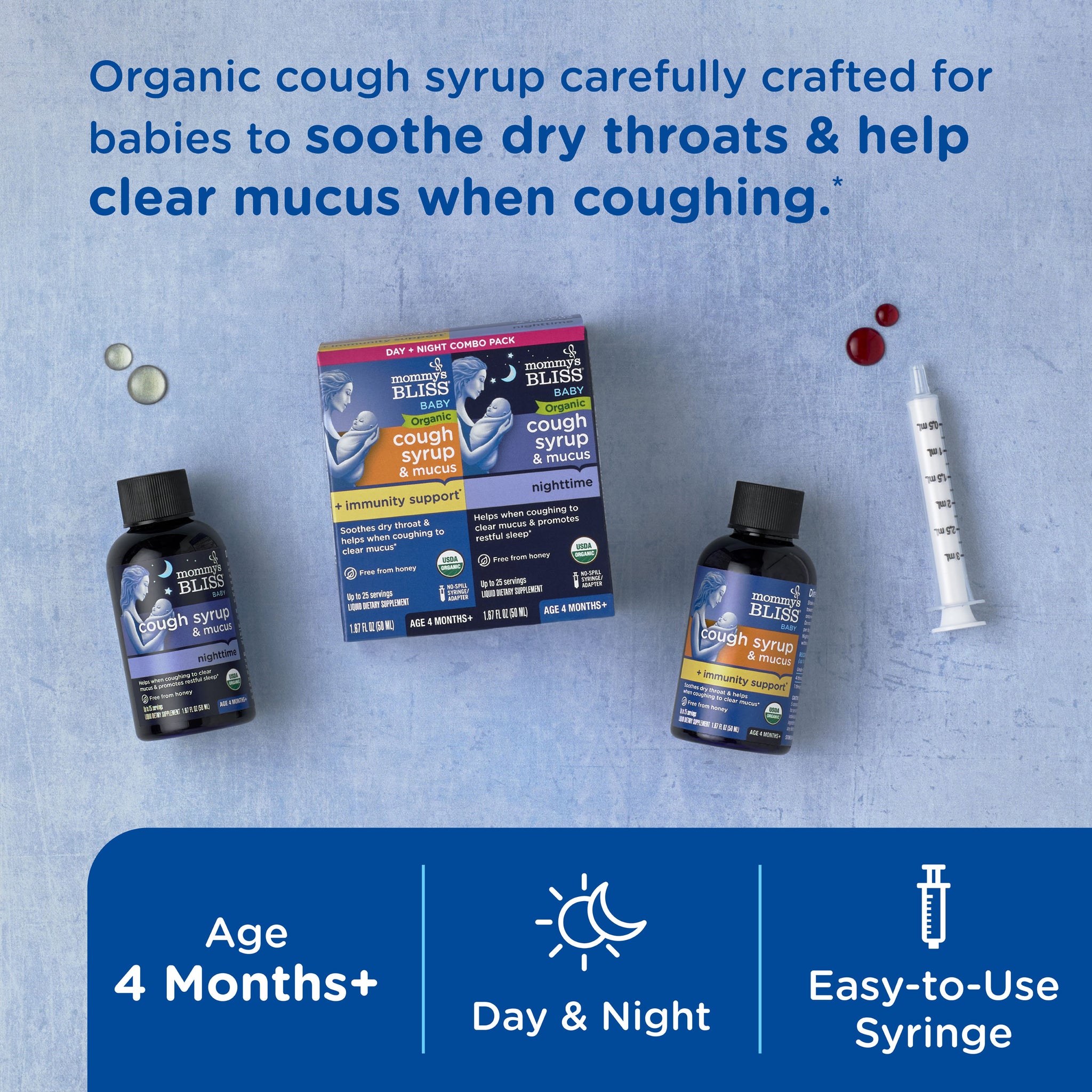 Mommy's Bliss Organic Baby Cough Syrup and Mucus Day and Night pack shown with its main benefit claim and age guidance