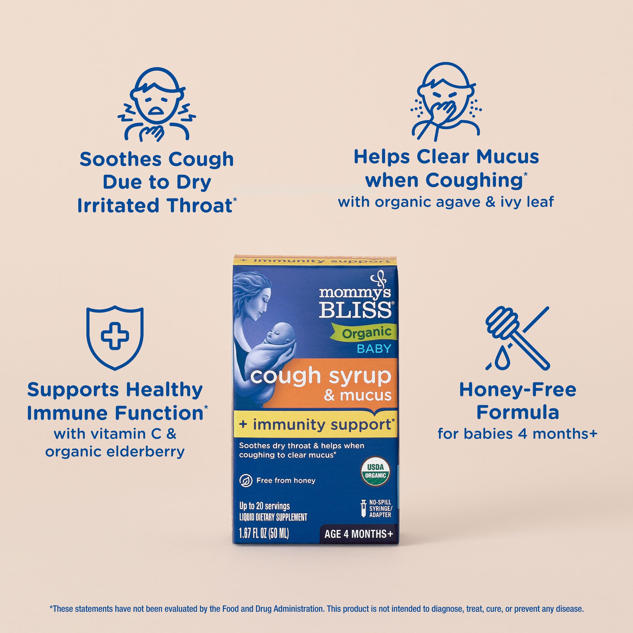 Key features of Mommy's Bliss Organic Baby Cough Syrup and Mucus, shown as icons around the carton