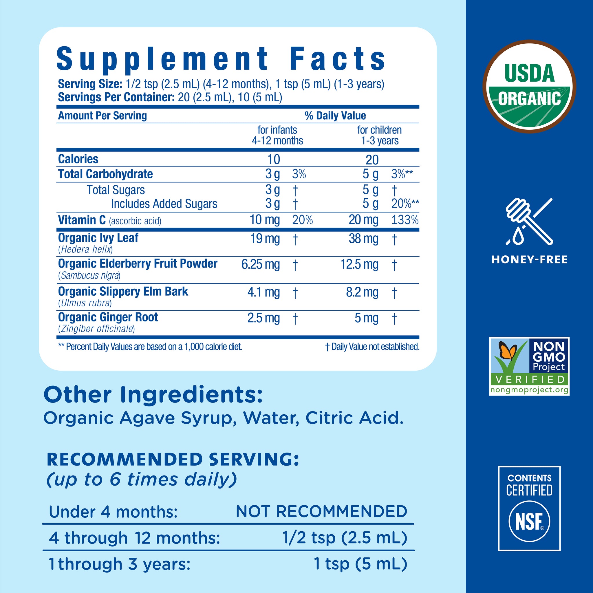Supplement Facts for Mommy's Bliss Organic Baby Cough Syrup and Mucus. Not recommended under 4 months; half a teaspoon at 4 to 12 months, 1 teaspoon at 1 to 3 years, up to 6 times daily