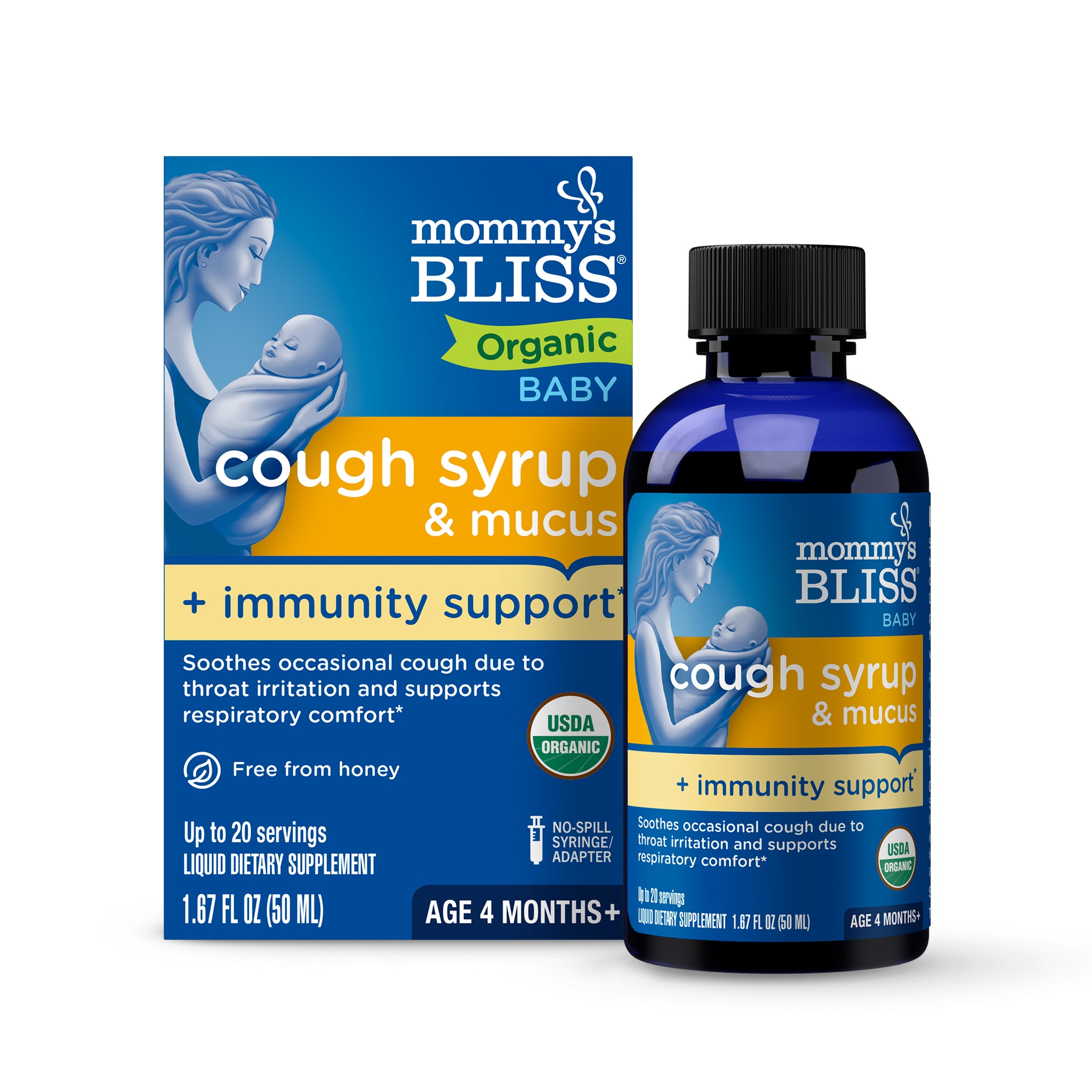 Mommy's Bliss Organic Baby Cough Syrup and Mucus with immunity support, carton beside its 50 ml bottle