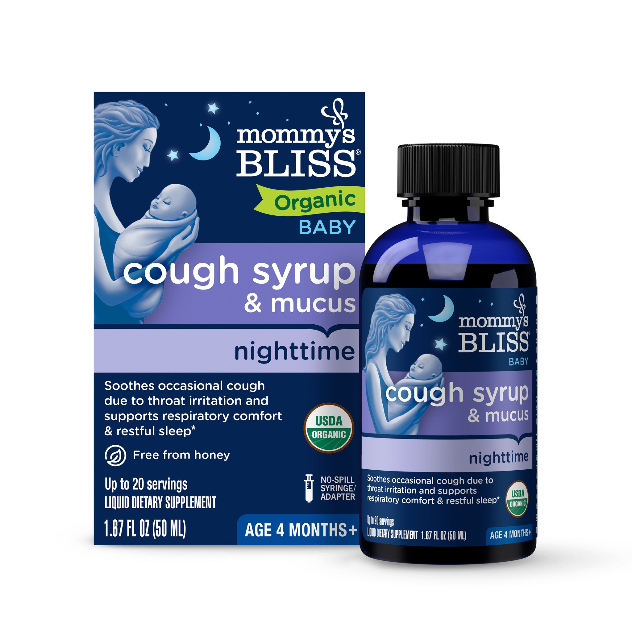 Mommy's Bliss Organic Baby Cough Syrup and Mucus Nighttime carton beside its 50 ml dark blue bottle