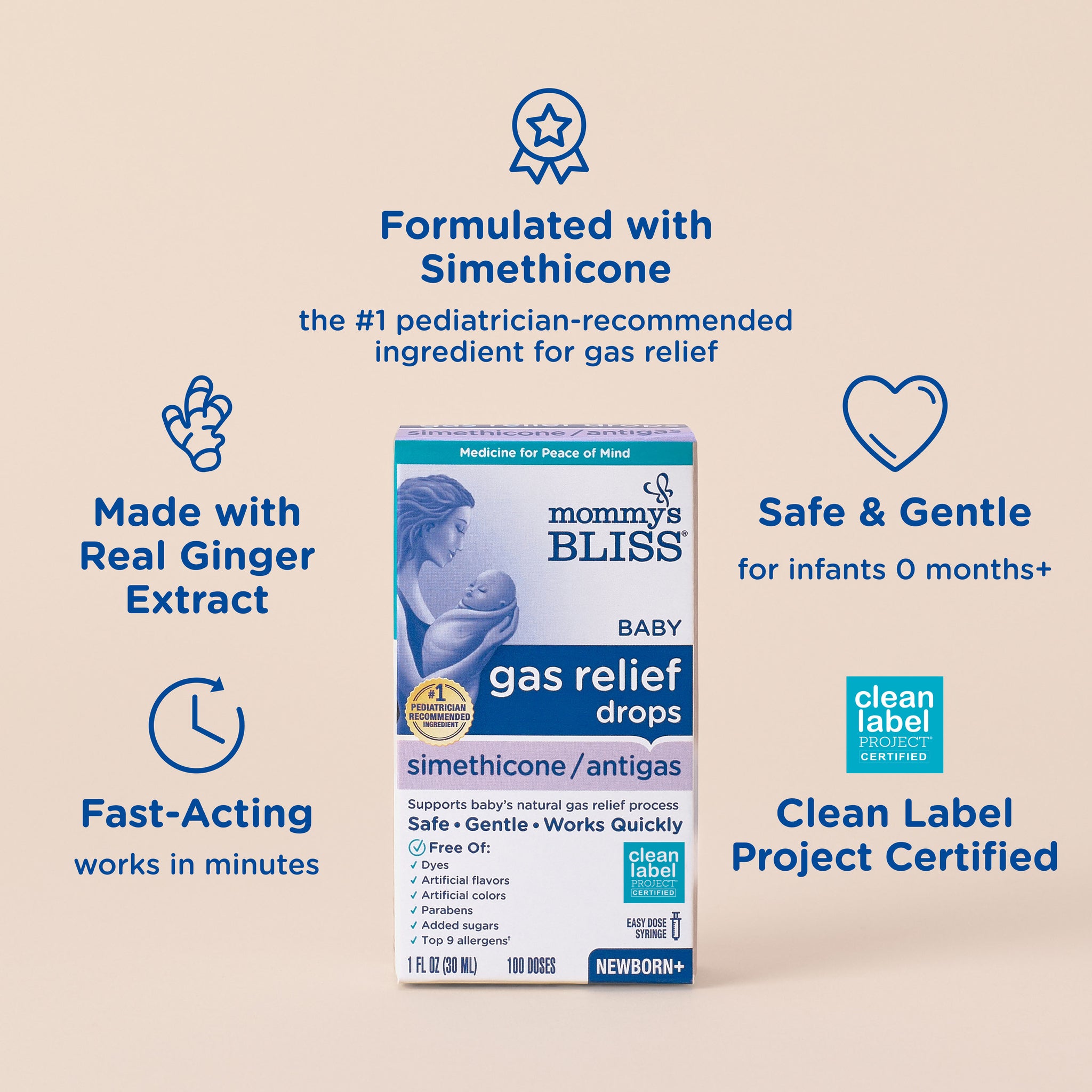 Key features of Mommy's Bliss Baby Gas Relief Drops, shown as icons around the carton