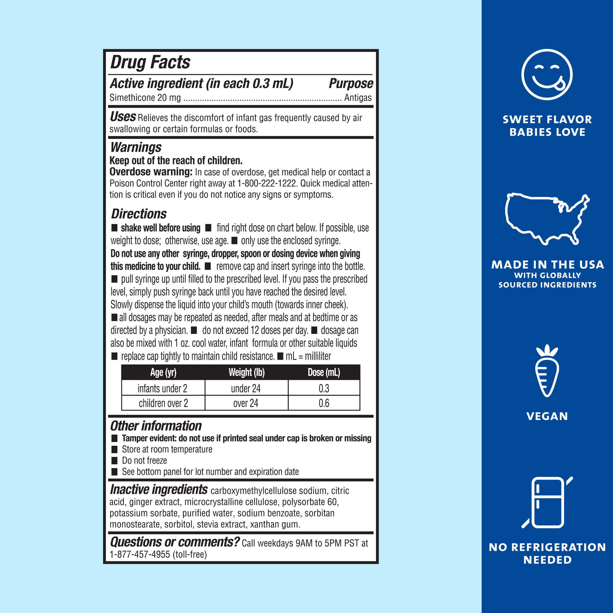 Product facts panel for Mommy's Bliss Baby Gas Relief Drops, with active ingredients and the dosing guide by age