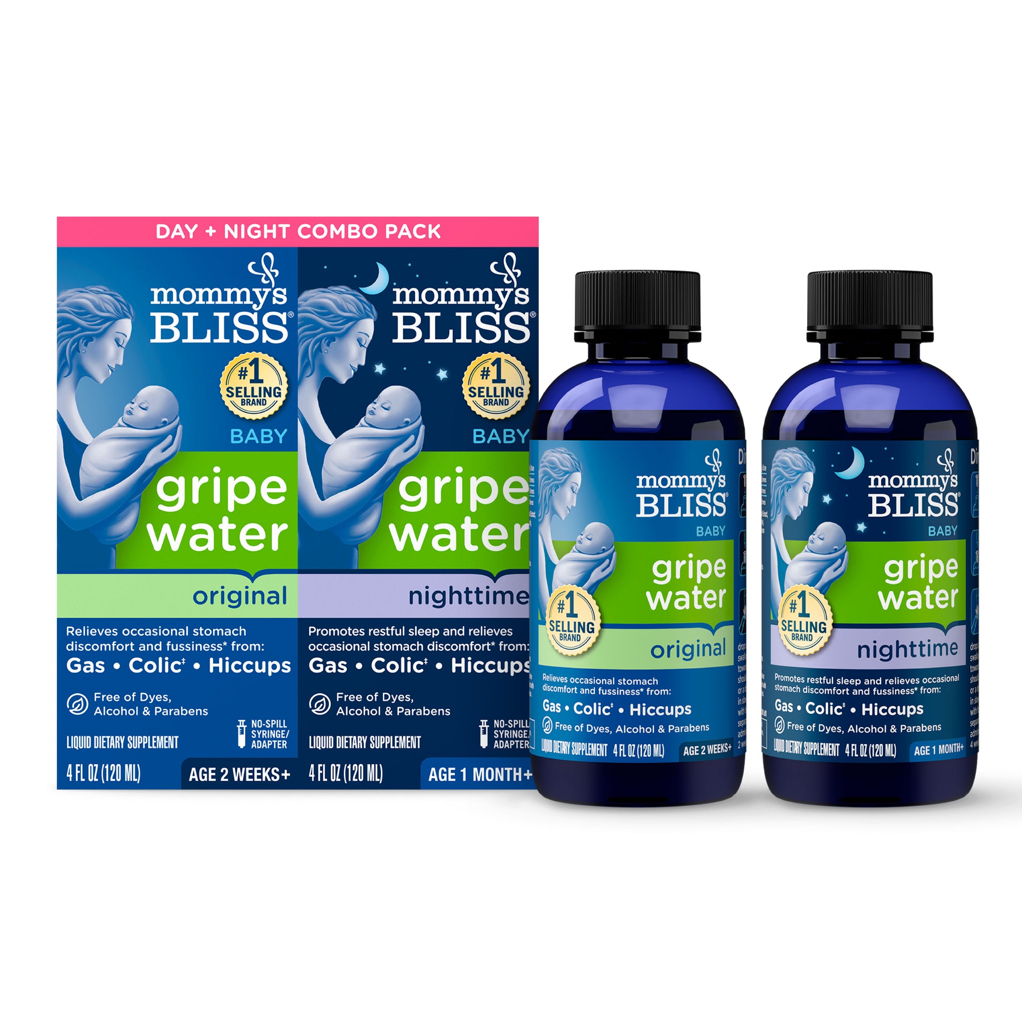 Mommy's Bliss Gripe Water day and night combo pack, original and nighttime cartons with both 4 fl oz bottles