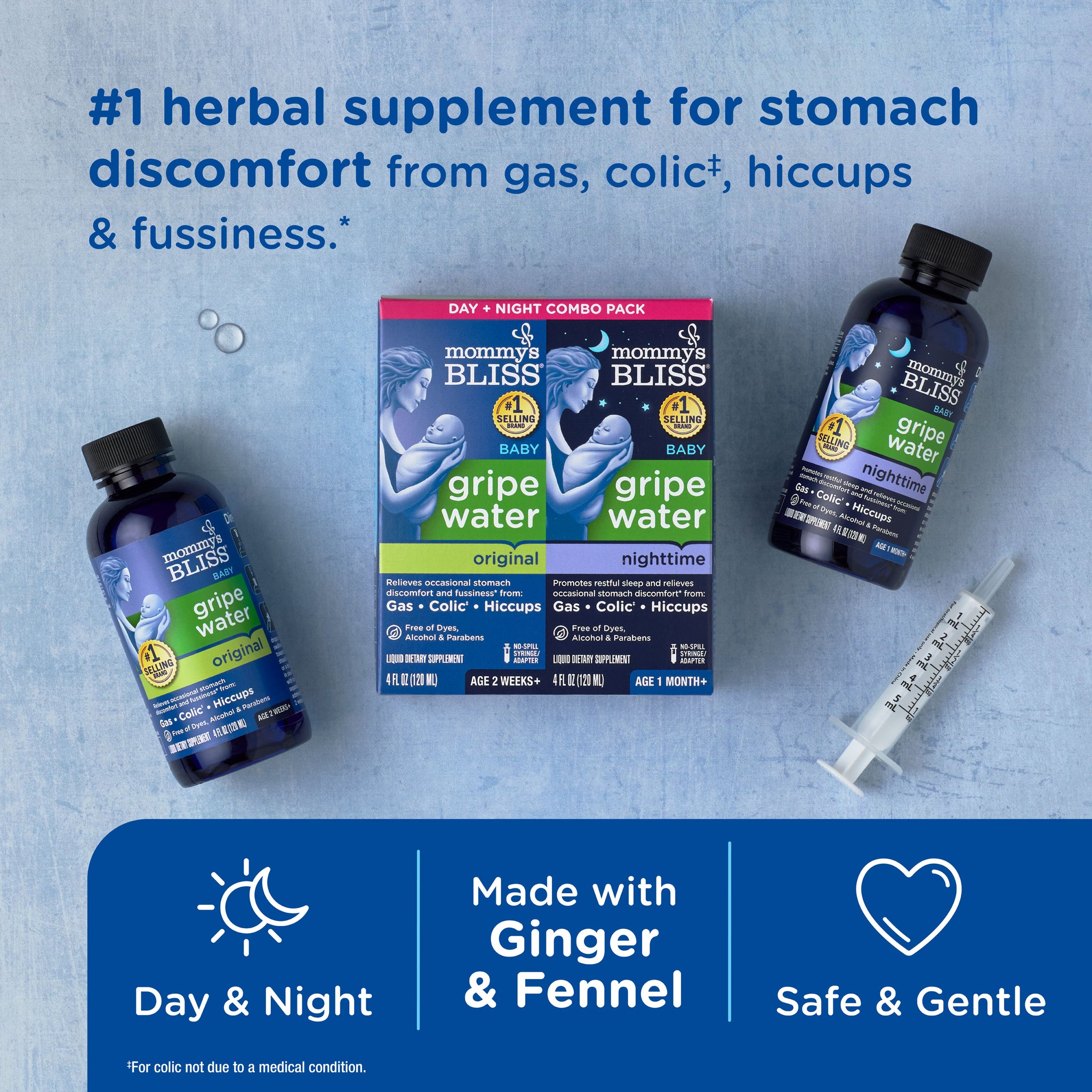 Mommy's Bliss Gripe Water Day and Night Combo Pack shown with its main benefit claim and age guidance