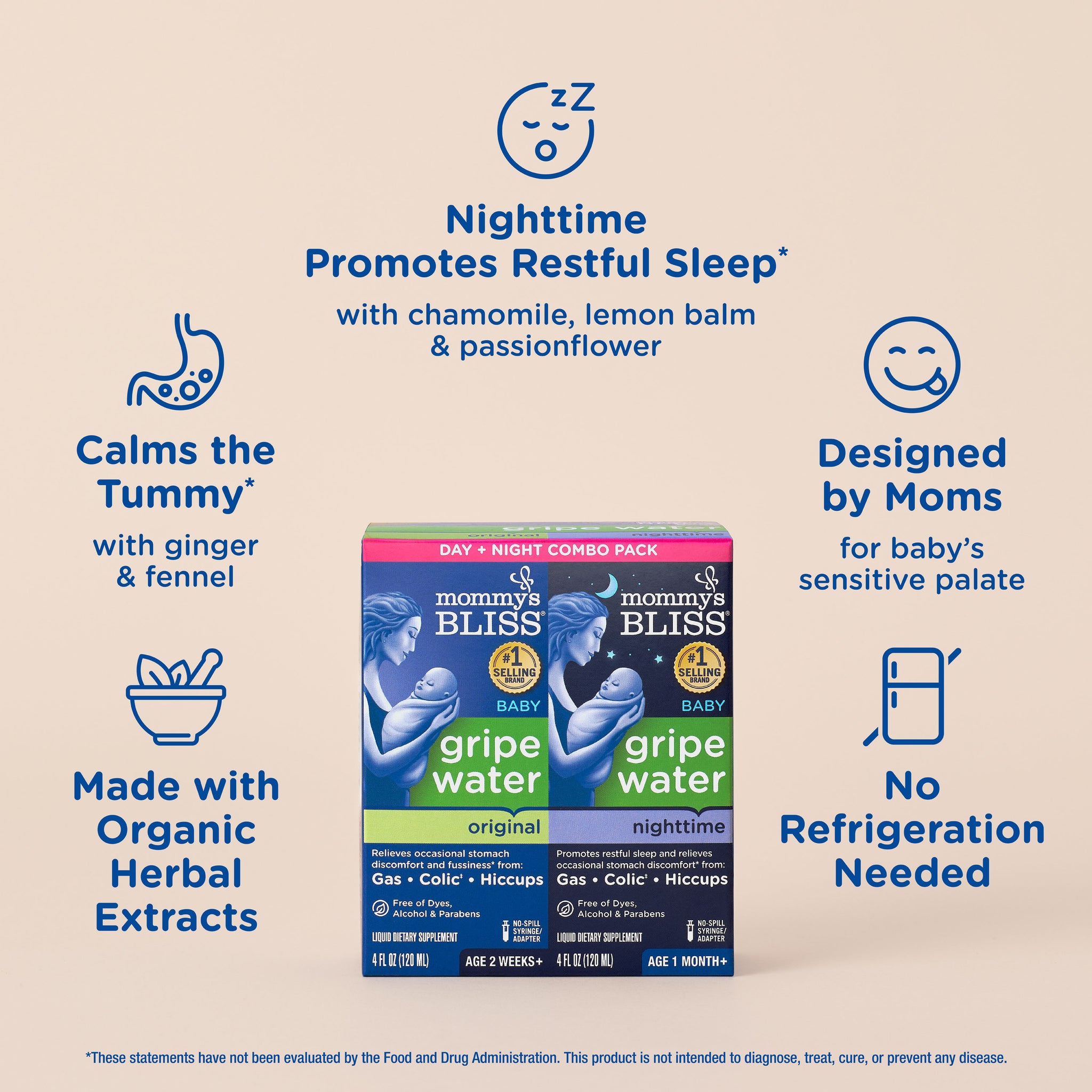 Key features of the Mommy's Bliss Gripe Water Day and Night Combo Pack, shown as icons around the cartons