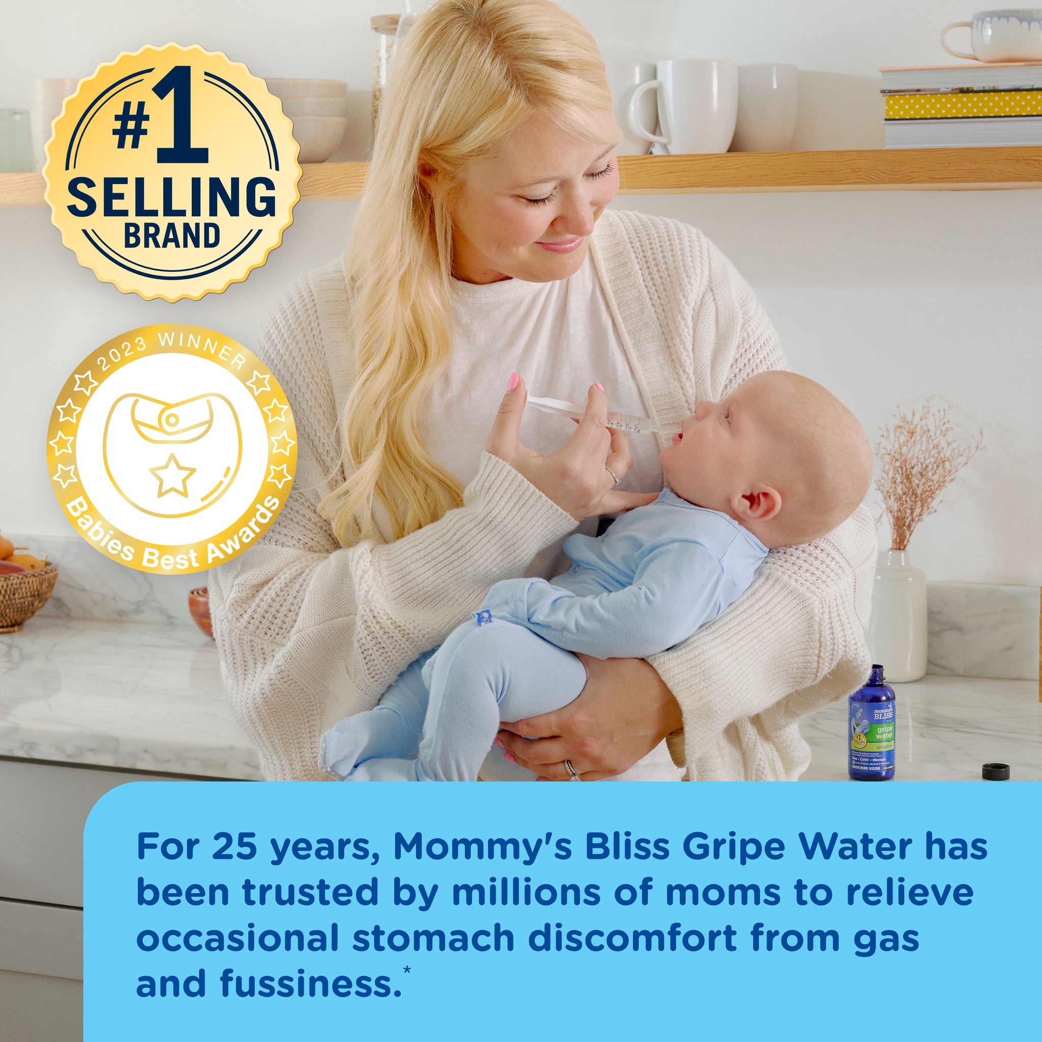 Mommy's Bliss Gripe Water Day and Night Combo Pack shown in an everyday lifestyle photograph