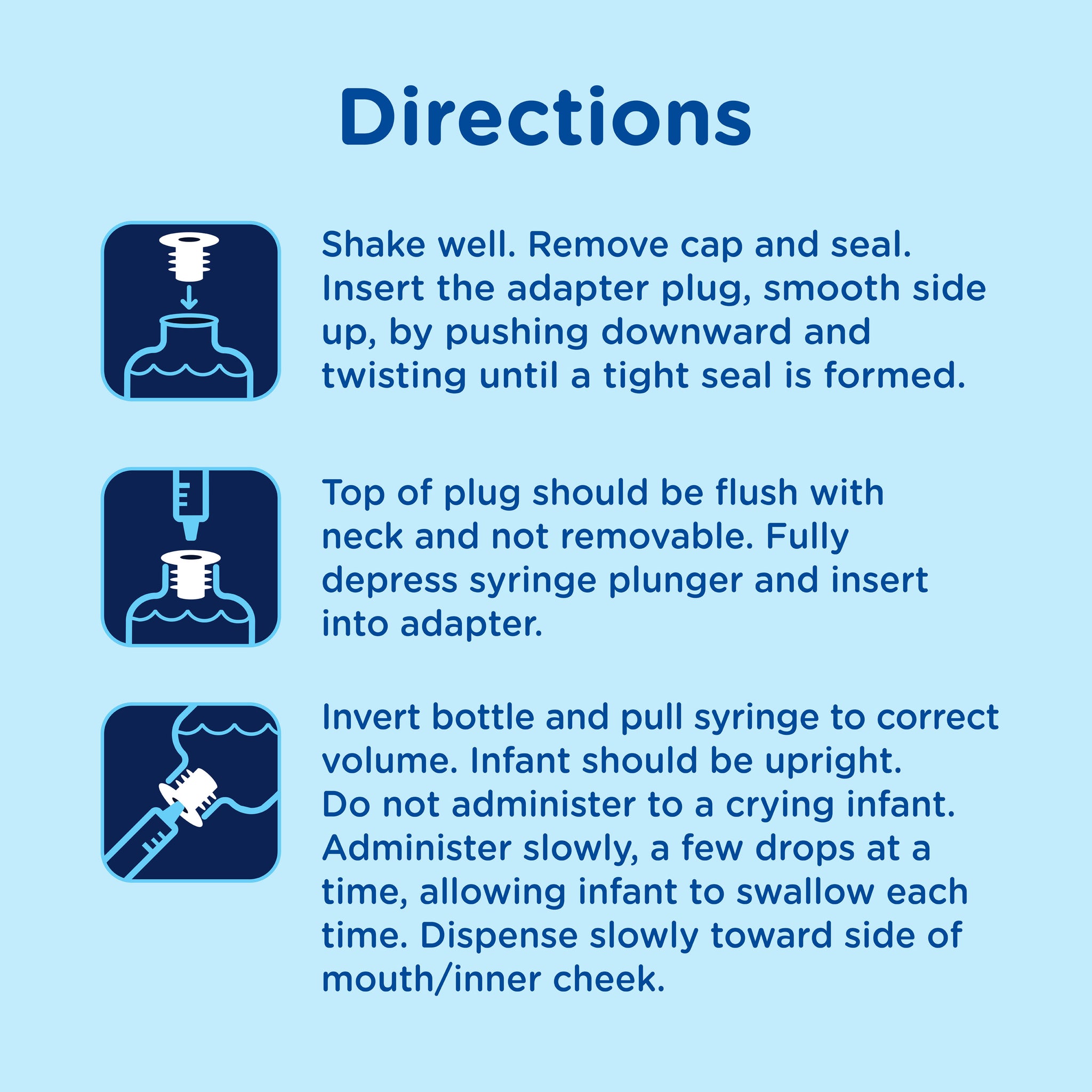 Step-by-step directions for using Mommy's Bliss Gripe Water with the bottle adapter and dosing syringe