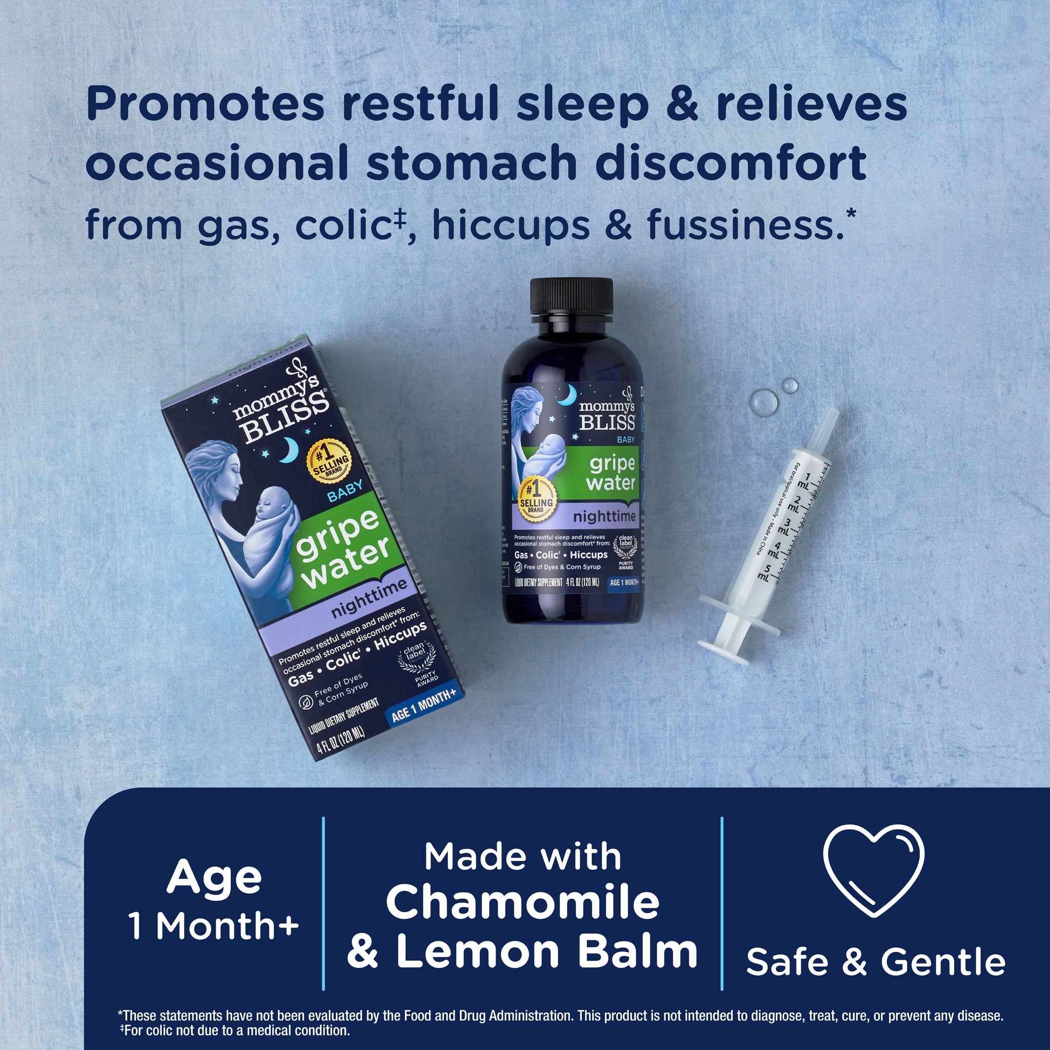 Mommy's Bliss Gripe Water Nighttime packaging shown with its main benefit claim and age guidance