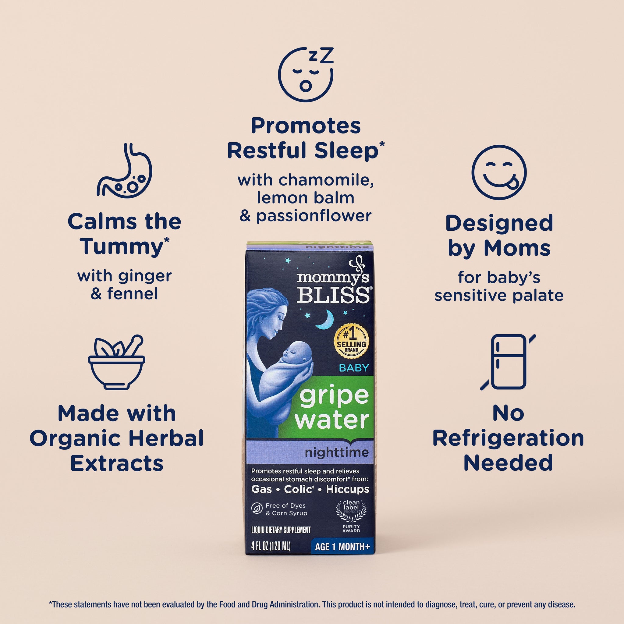 Key features of Mommy's Bliss Gripe Water Nighttime, shown as icons around the carton