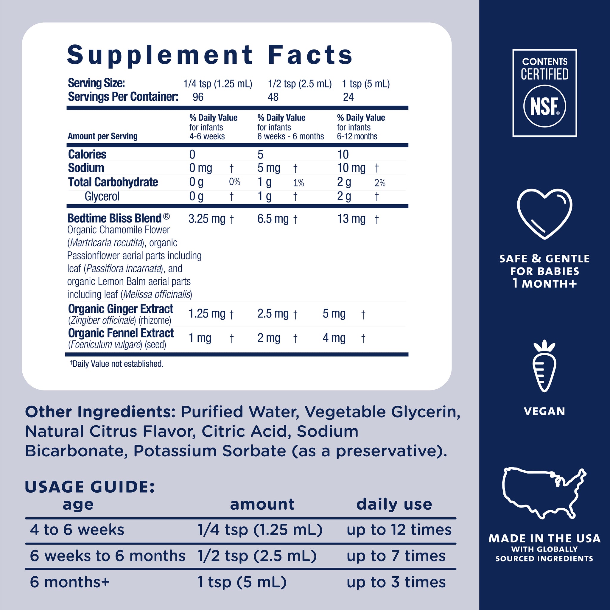 Supplement Facts panel for Mommy's Bliss Gripe Water Nighttime, with ingredients and the dosing guide by age