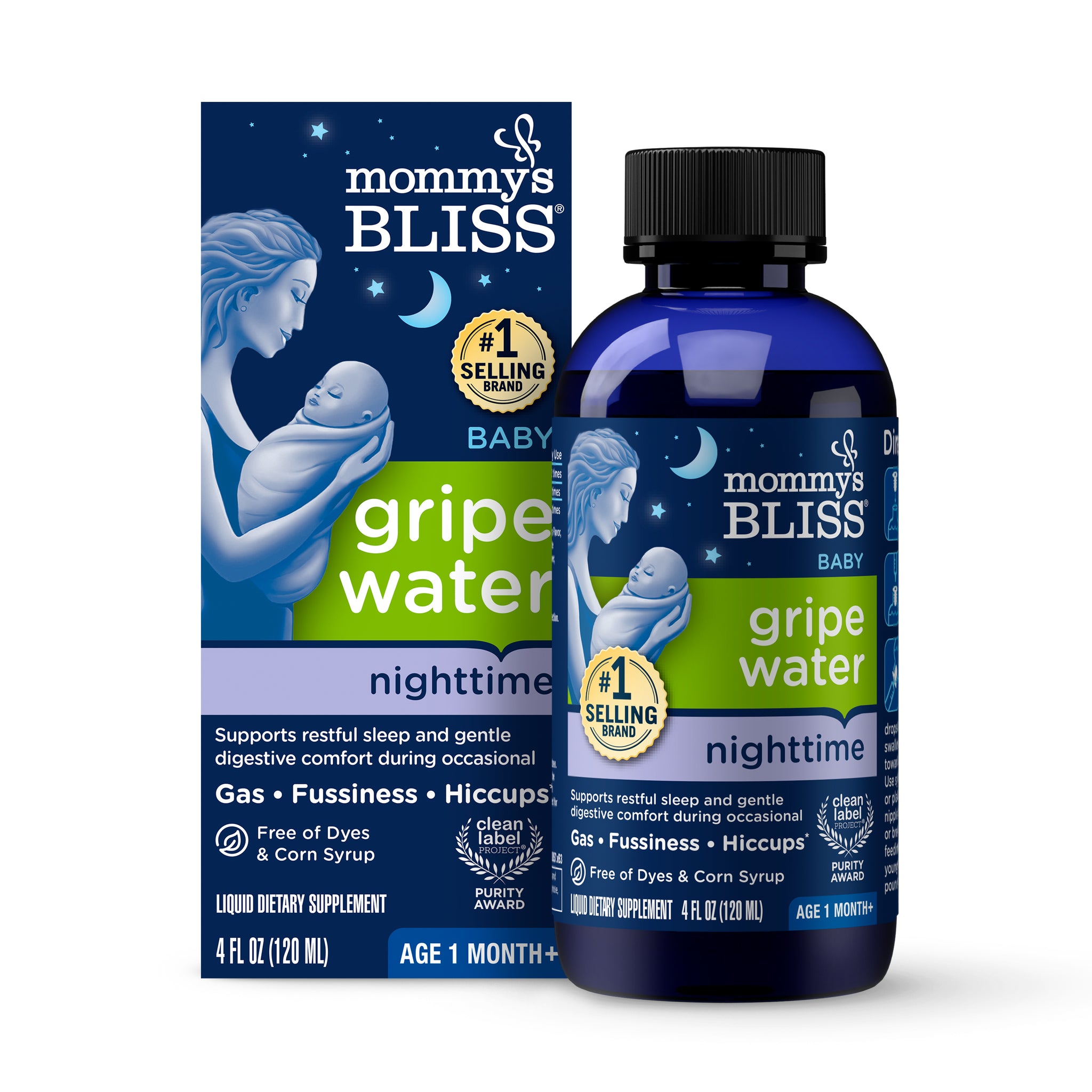 Mommy's Bliss Gripe Water Nighttime carton with night-sky artwork beside its 4 fl oz dark blue bottle