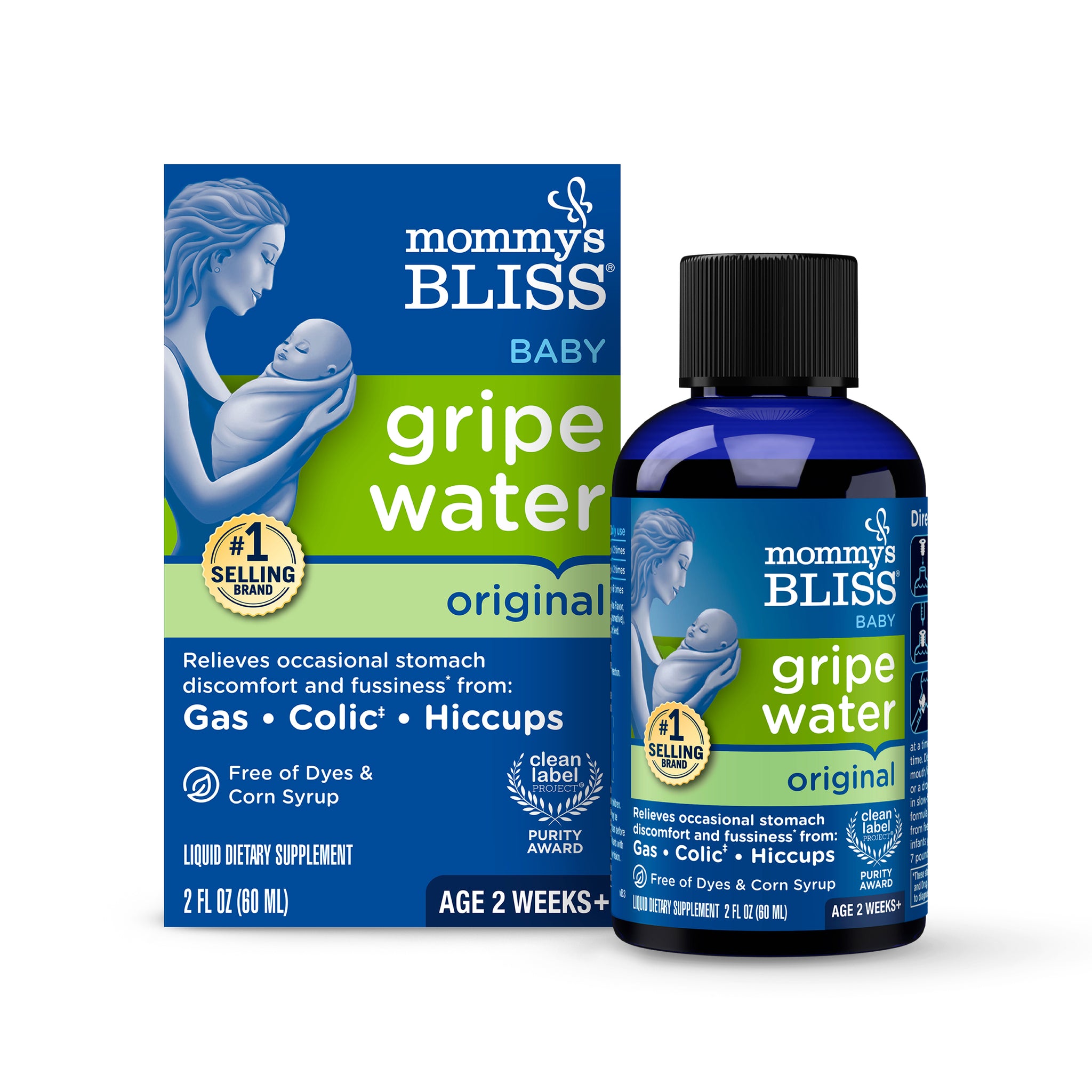 Mommy's Bliss Gripe Water Original carton beside its 2 fl oz dark blue bottle with black cap
