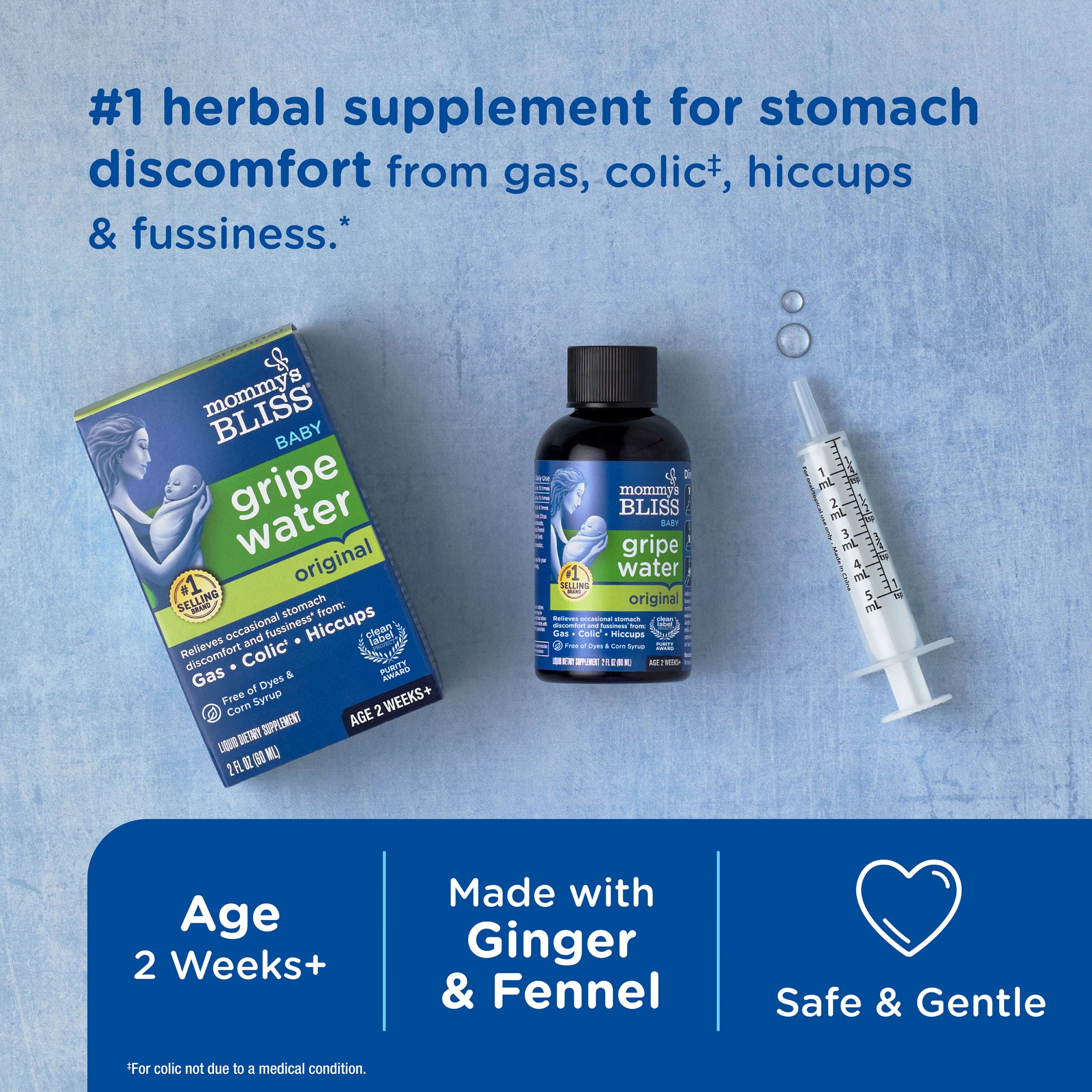 Mommy's Bliss Gripe Water Original 2 oz packaging shown with its main benefit claim and age guidance