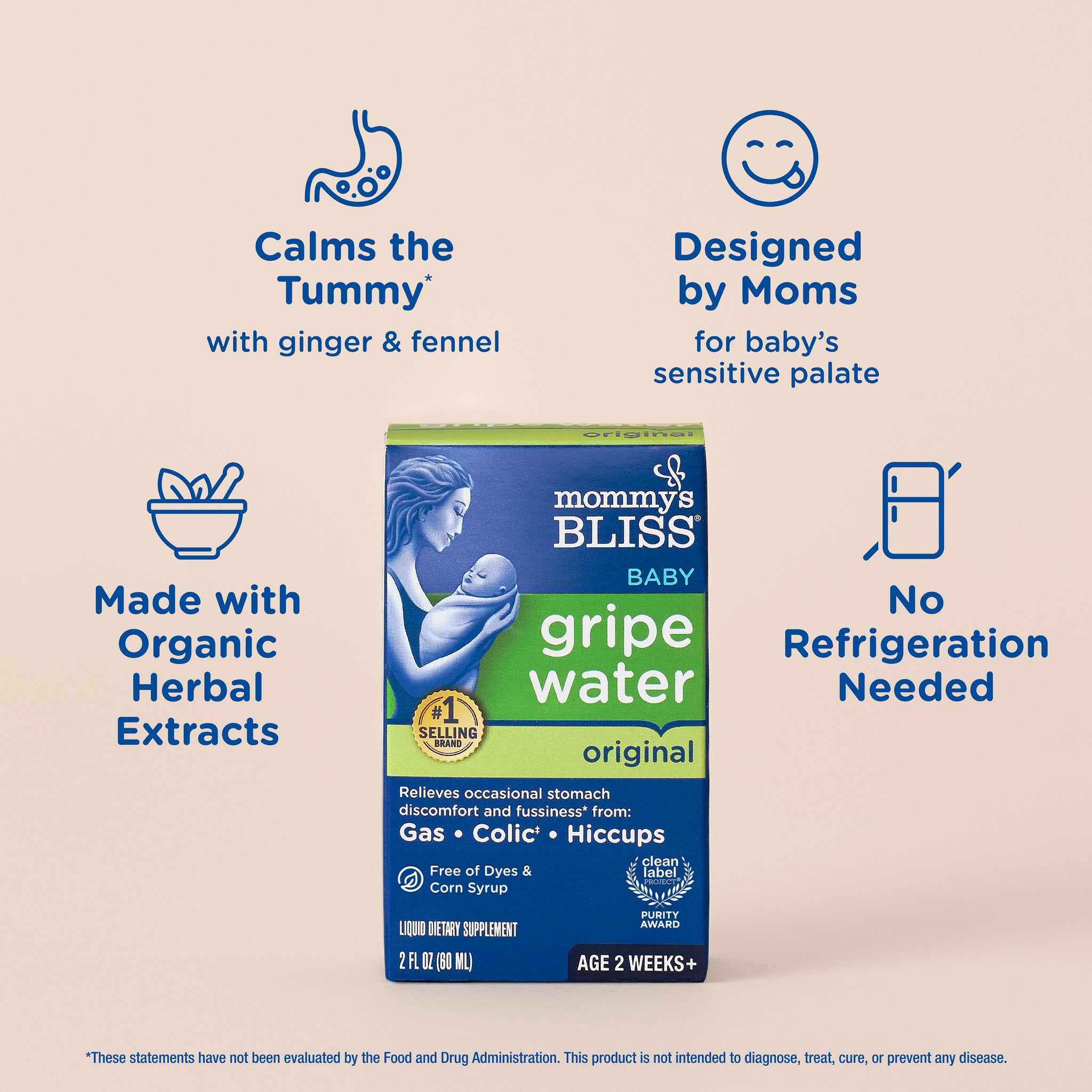 Key features of Mommy's Bliss Gripe Water Original 2 oz, shown as icons around the carton
