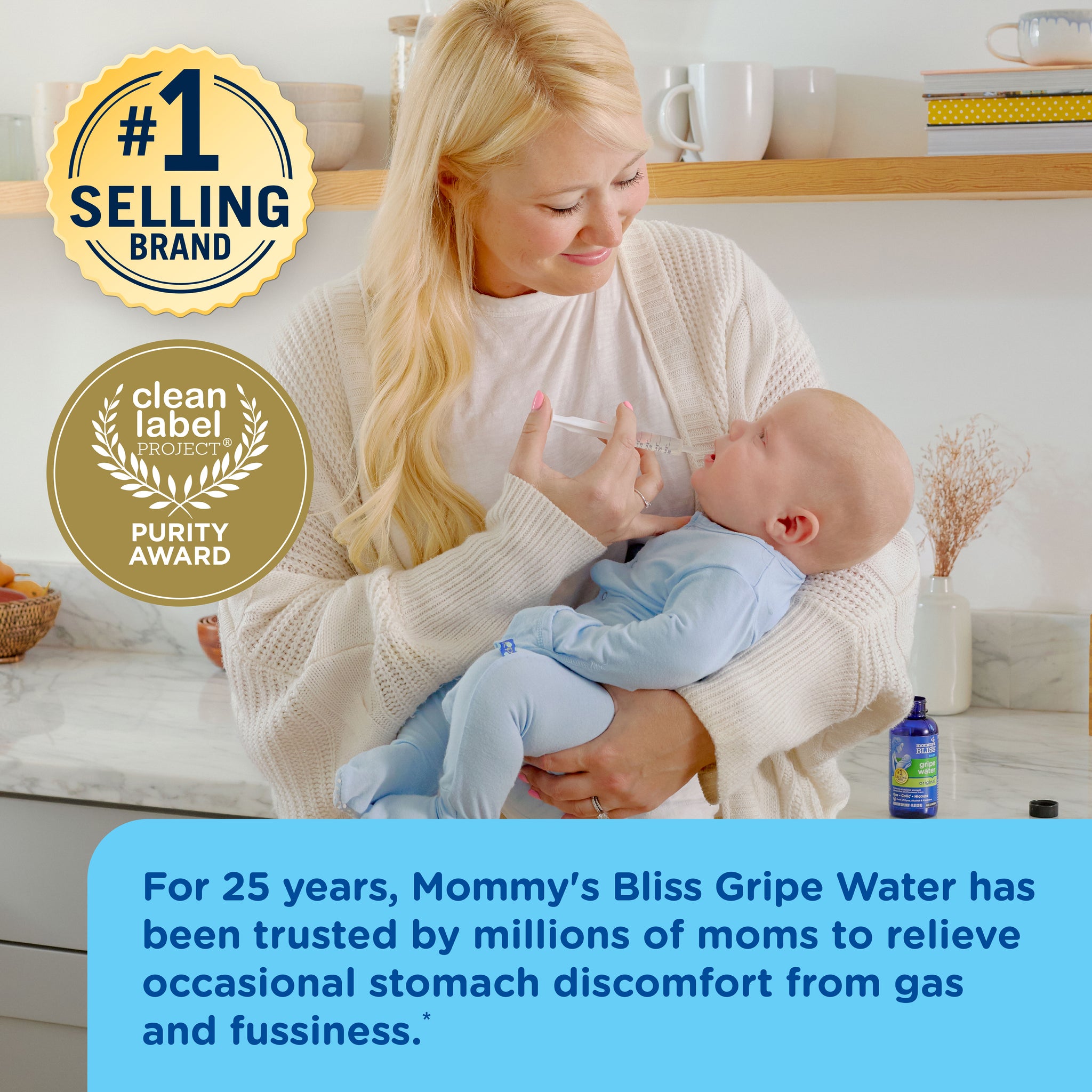 Mommy's Bliss Gripe Water Original 2 oz shown in an everyday lifestyle photograph