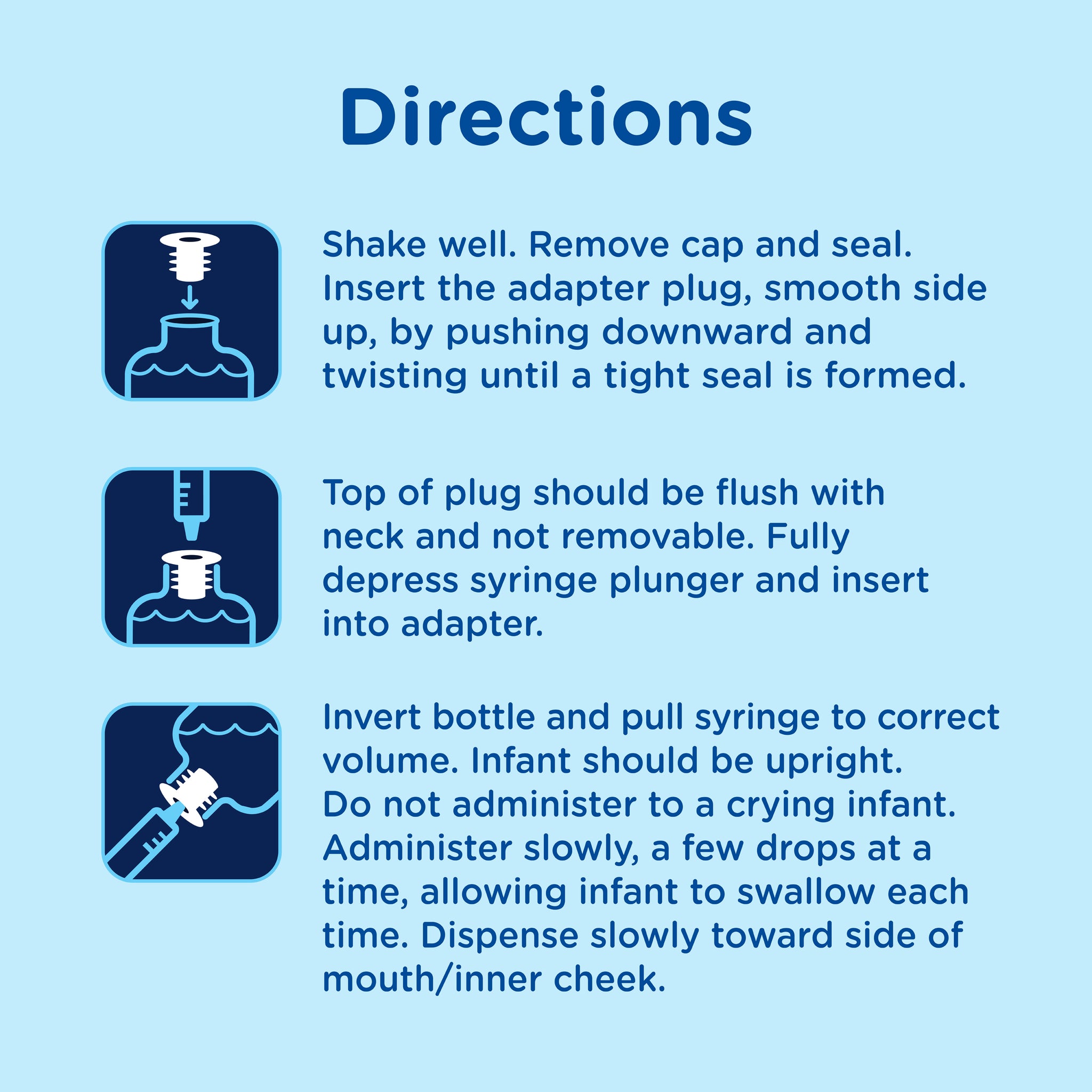 Step-by-step directions for using Mommy's Bliss Gripe Water Original 2 oz with the bottle adapter and dosing syringe