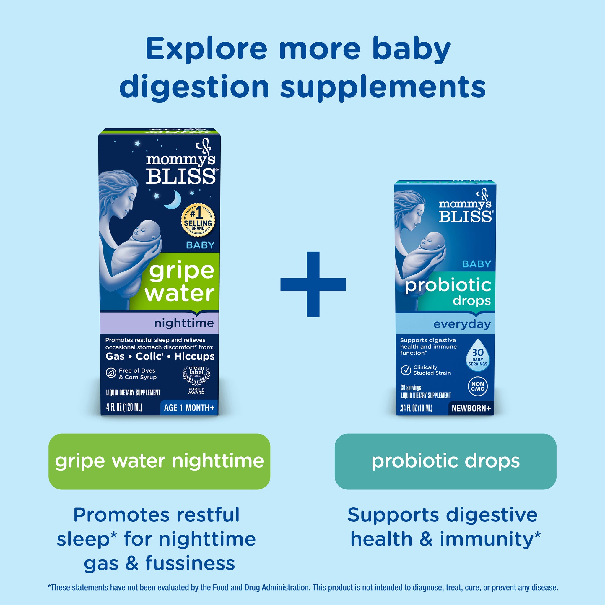 Related products: Gripe Water Nighttime for nighttime gas and fussiness, and Probiotic Drops Everyday for digestive health and immunity