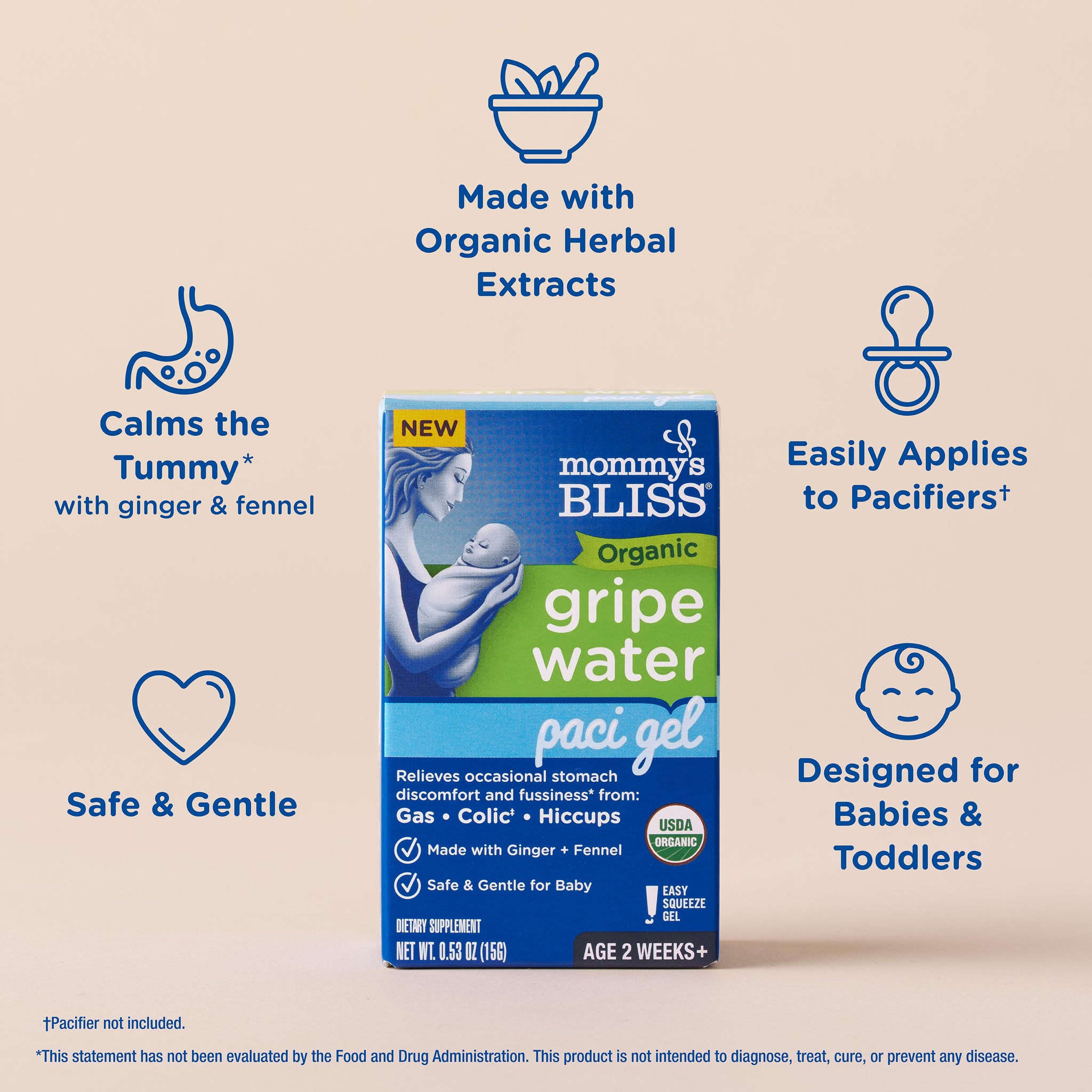 Key features of Mommy's Bliss Organic Gripe Water Paci Gel, shown as icons around the tube