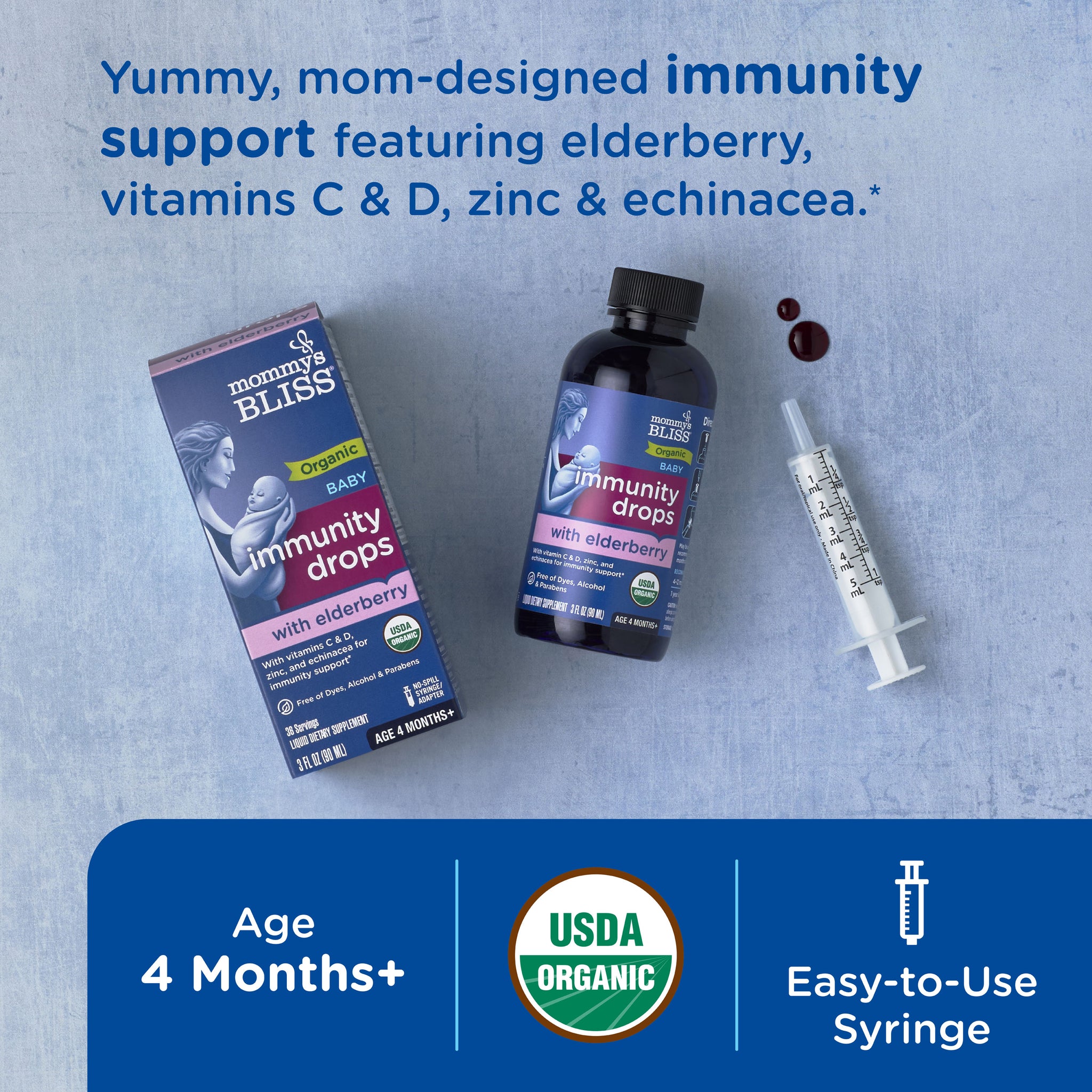 Mommy's Bliss Organic Baby Immunity Drops with Elderberry packaging shown with its main benefit claim and age guidance