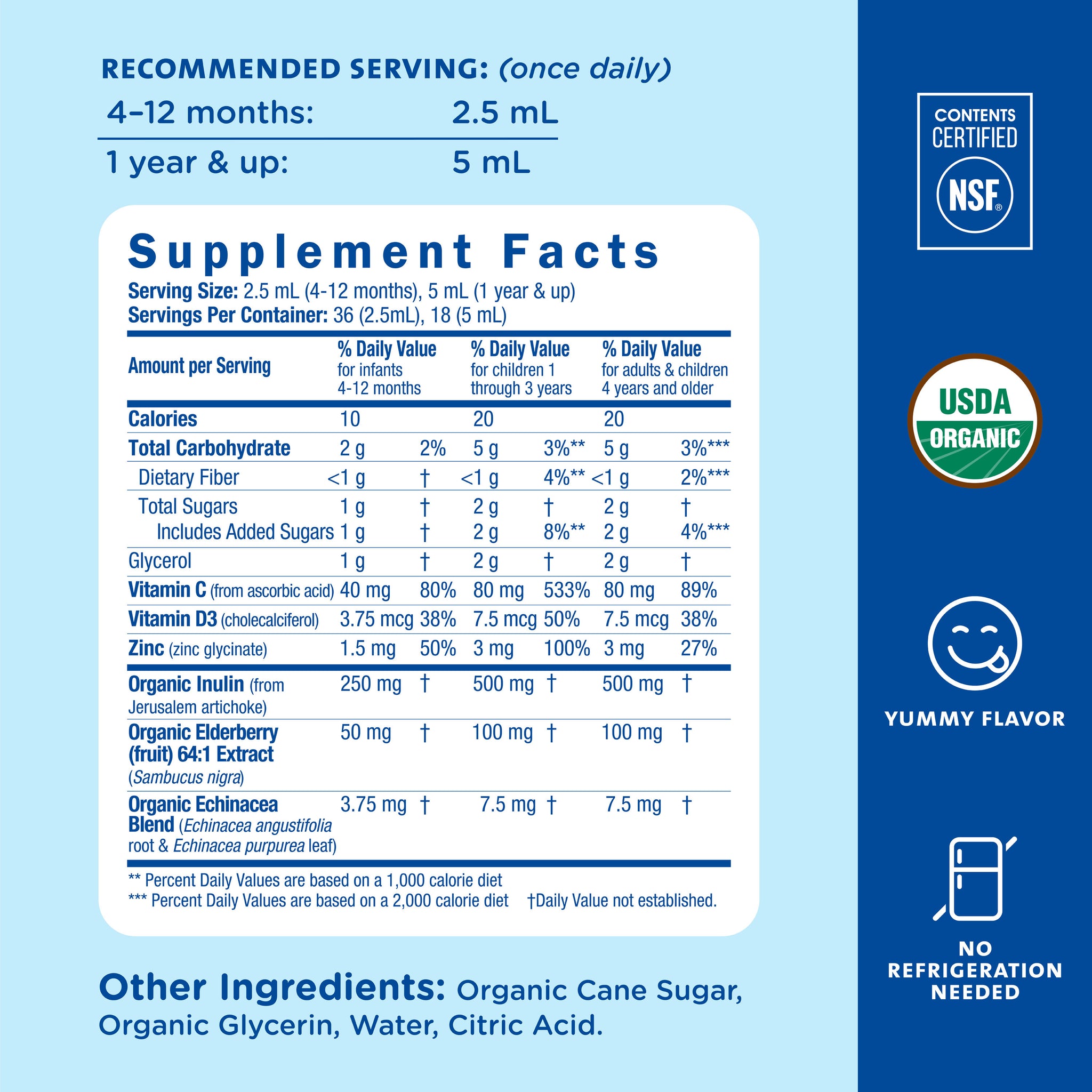 Supplement Facts for Mommy's Bliss Organic Baby Immunity Drops with vitamin C, vitamin D3, zinc, elderberry and echinacea. Once daily: 2.5 mL at 4 to 12 months, 5 mL from 1 year