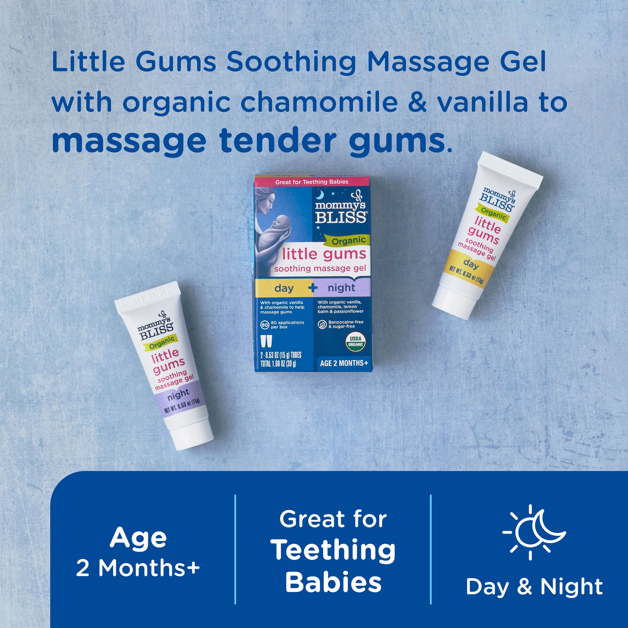 Mommy's Bliss Organic Little Gums Soothing Massage Gel packaging shown with its main benefit claim and age guidance