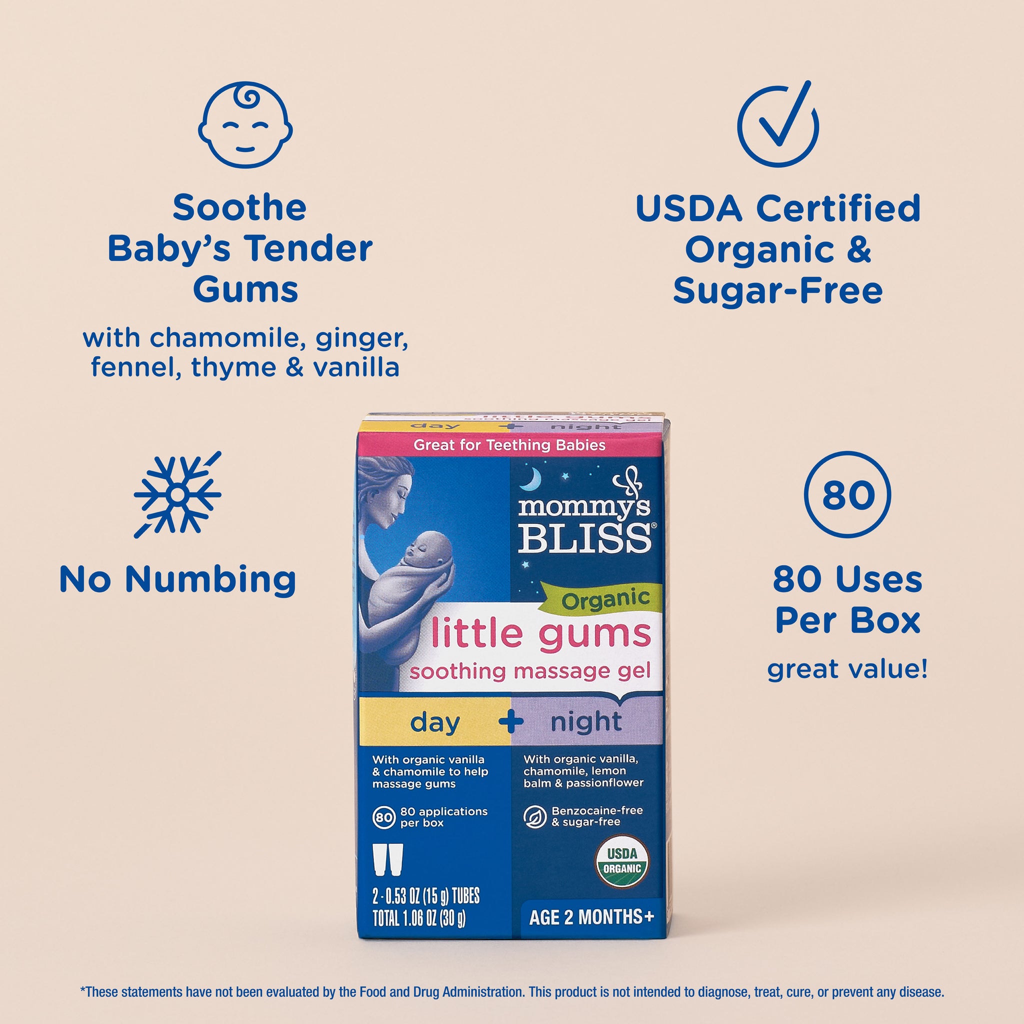 Key features of Mommy's Bliss Organic Little Gums Soothing Massage Gel, shown as icons around the carton