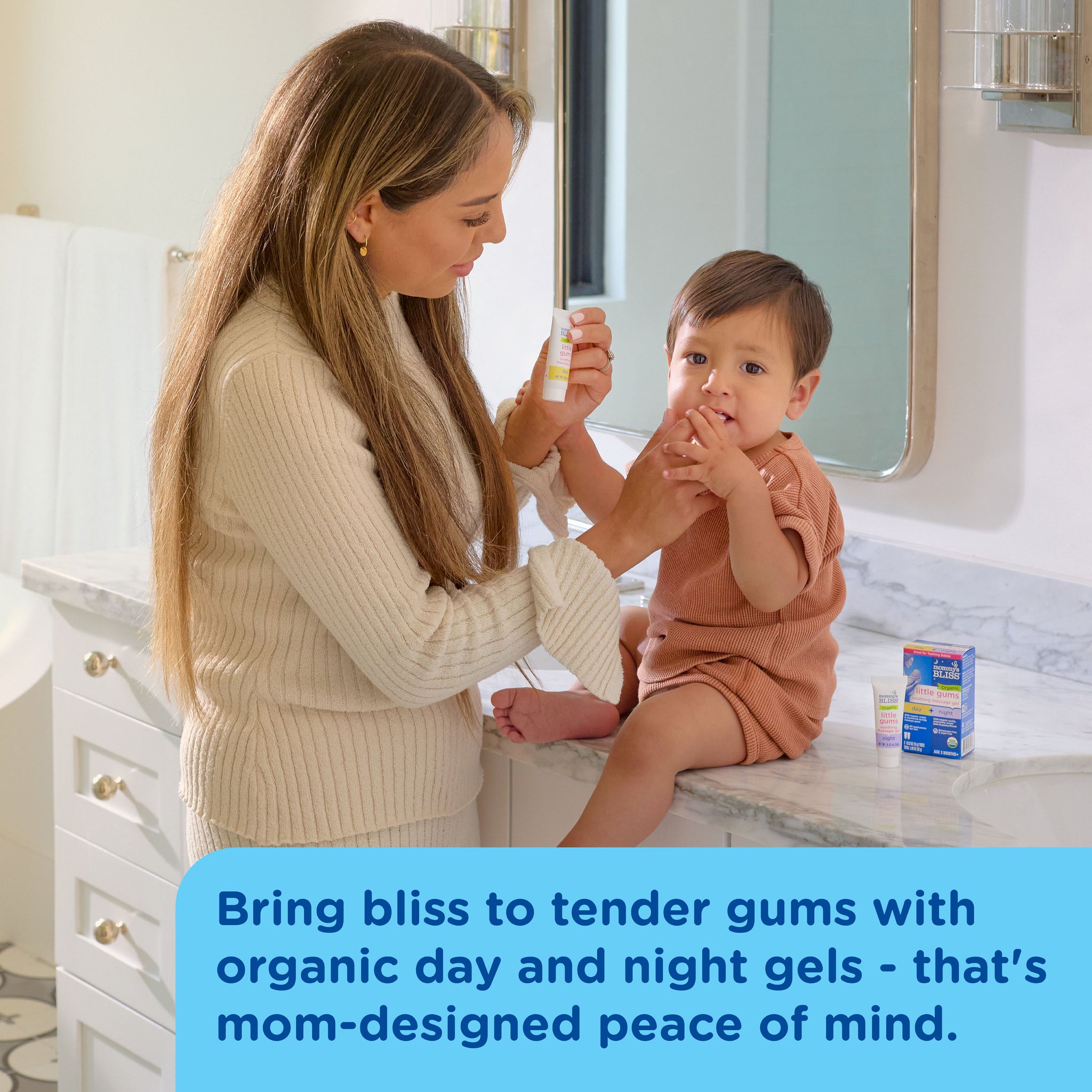 Mommy's Bliss Organic Little Gums Soothing Massage Gel shown in an everyday lifestyle photograph