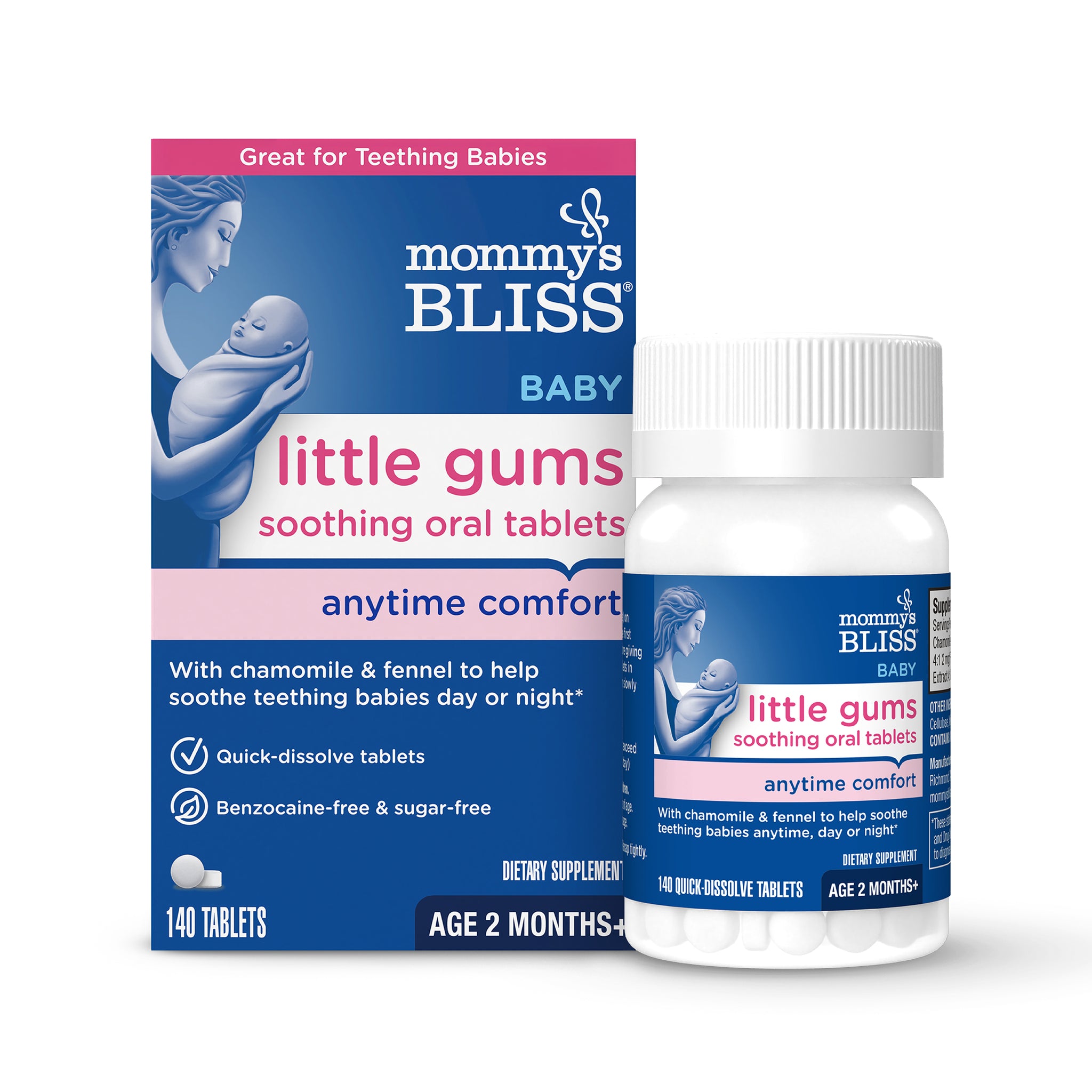 Mommy's Bliss Little Gums Soothing Oral Tablets carton beside its 140-count bottle